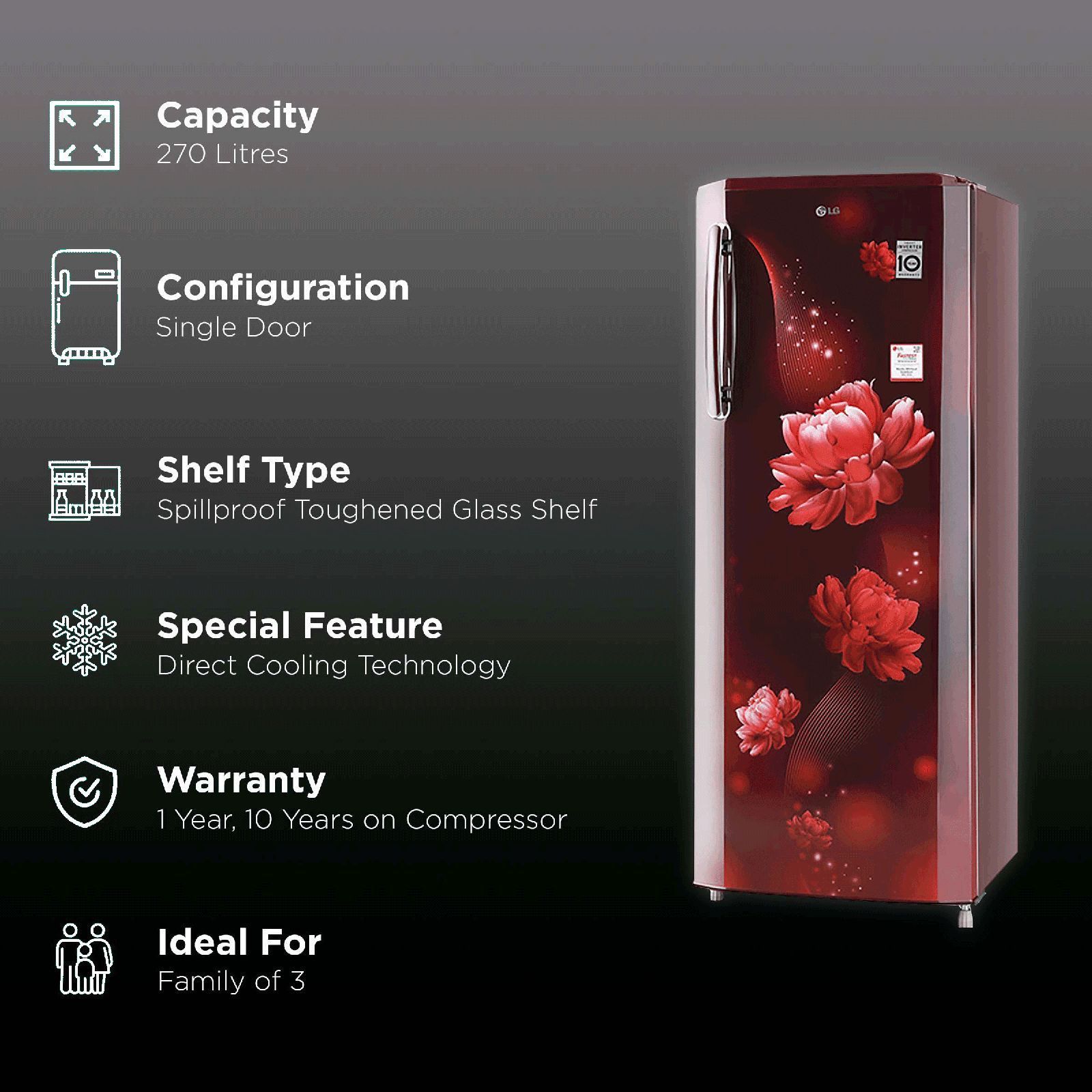 LG 261 Litres 3 Star Direct Cool Single Door Refrigerator with Stabilizer Free Operation (GL-B281BSCX.DSCZEB, Scarlet Charm)_2