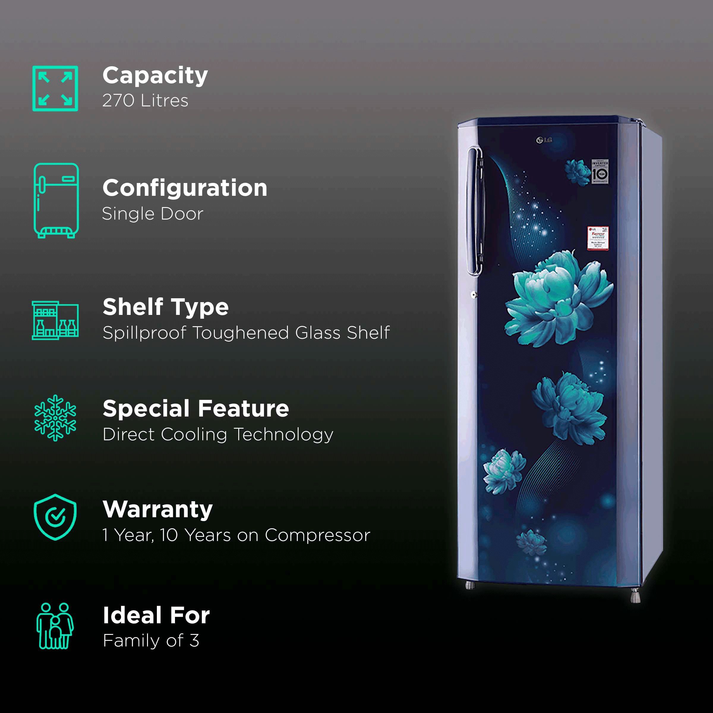 LG 261 Litres 3 Star Direct Cool Single Door Refrigerator with Stabilizer Free Operation (GL-B281BBCX.DBCZEB, Blue Charm)_2