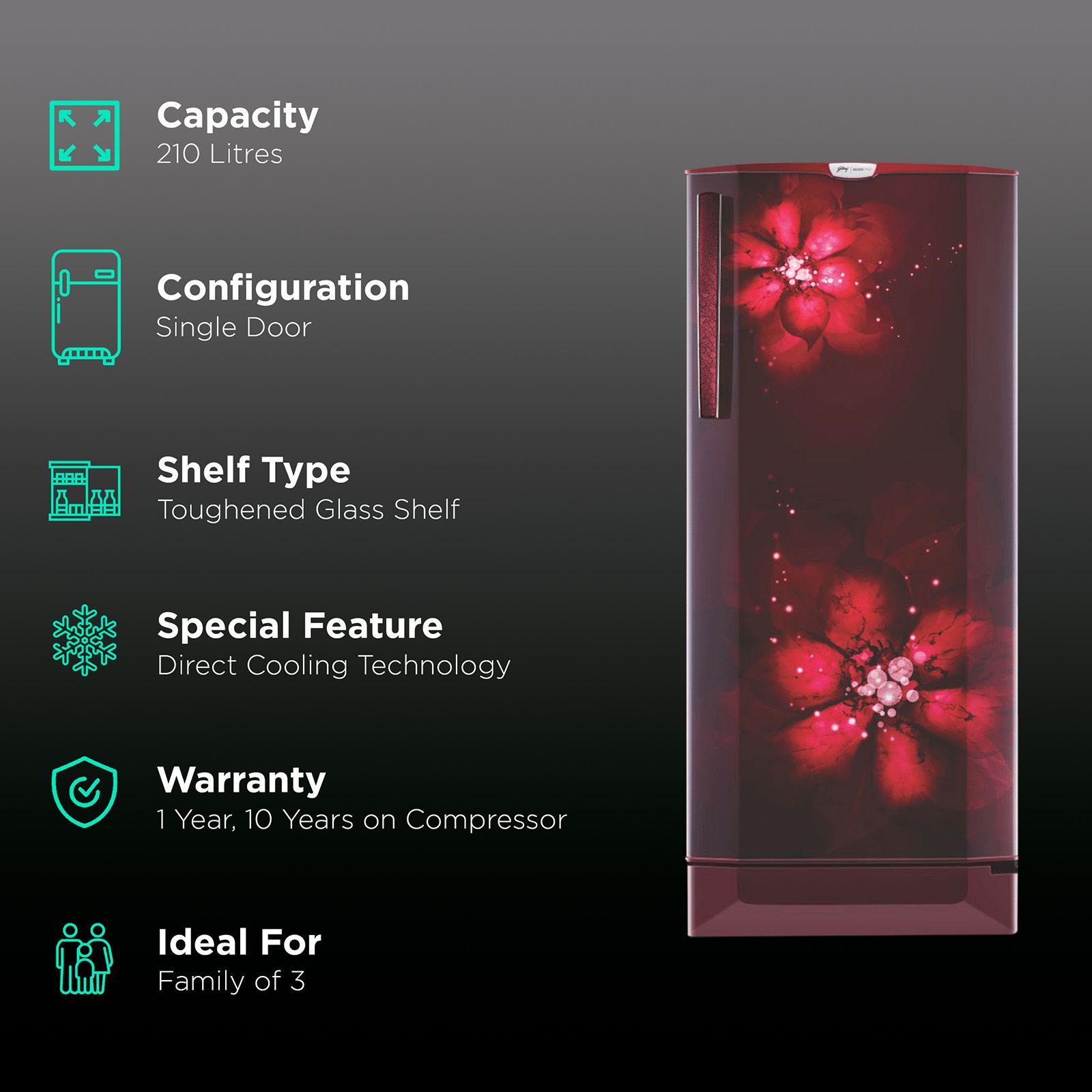 Godrej Edge Pro 210 Litres 3 Star Direct Cool Single Door Refrigerator with Anti Drip Chiller Technology (RD EDGE PRO 225C 33 TAF, Zen Wine)_2