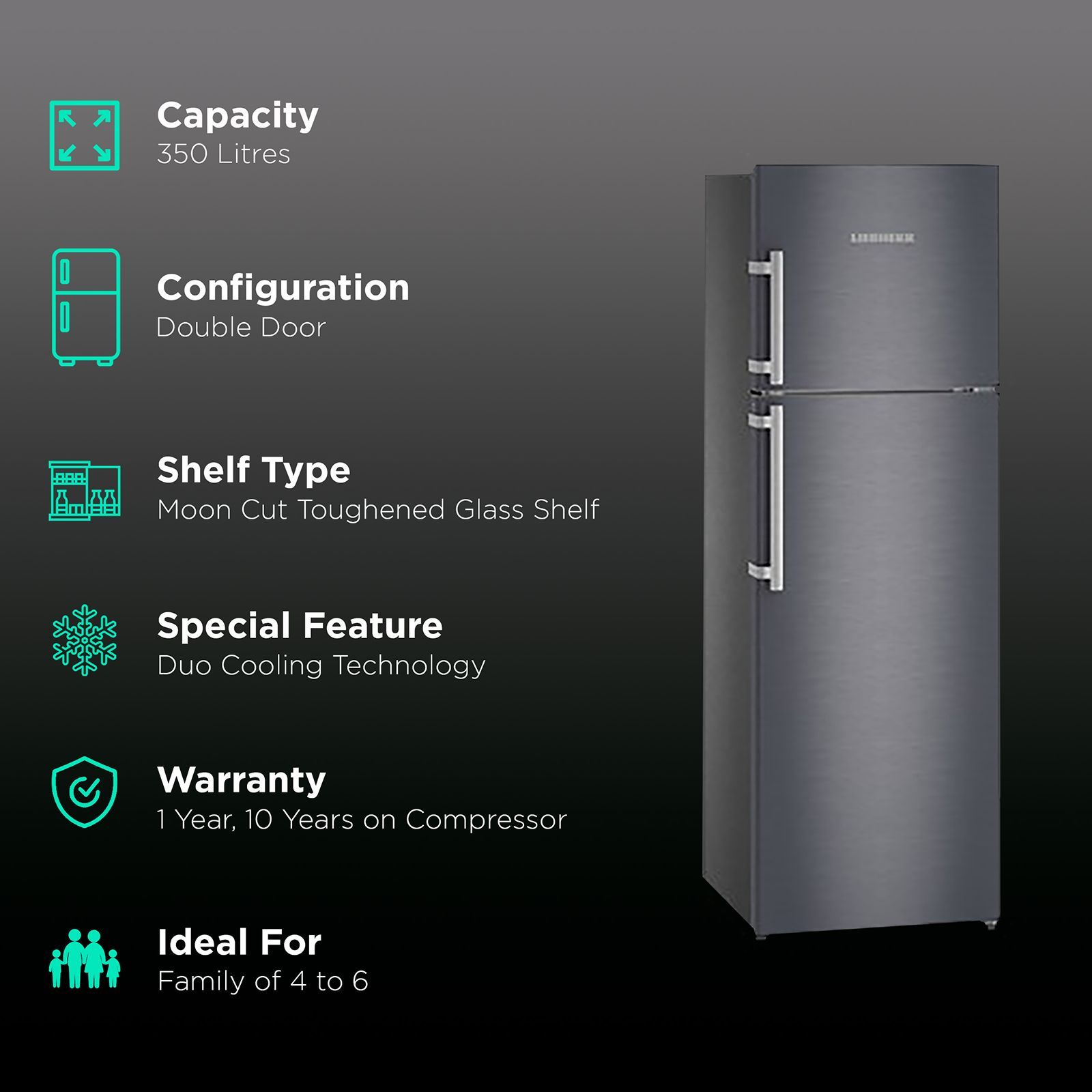 LIEBHERR 350 Litres 2 Star Frost Free Double Door Refrigerator with DuoCooling Technology (TDCS 3540 Comfort, Cobalt Steel)_2