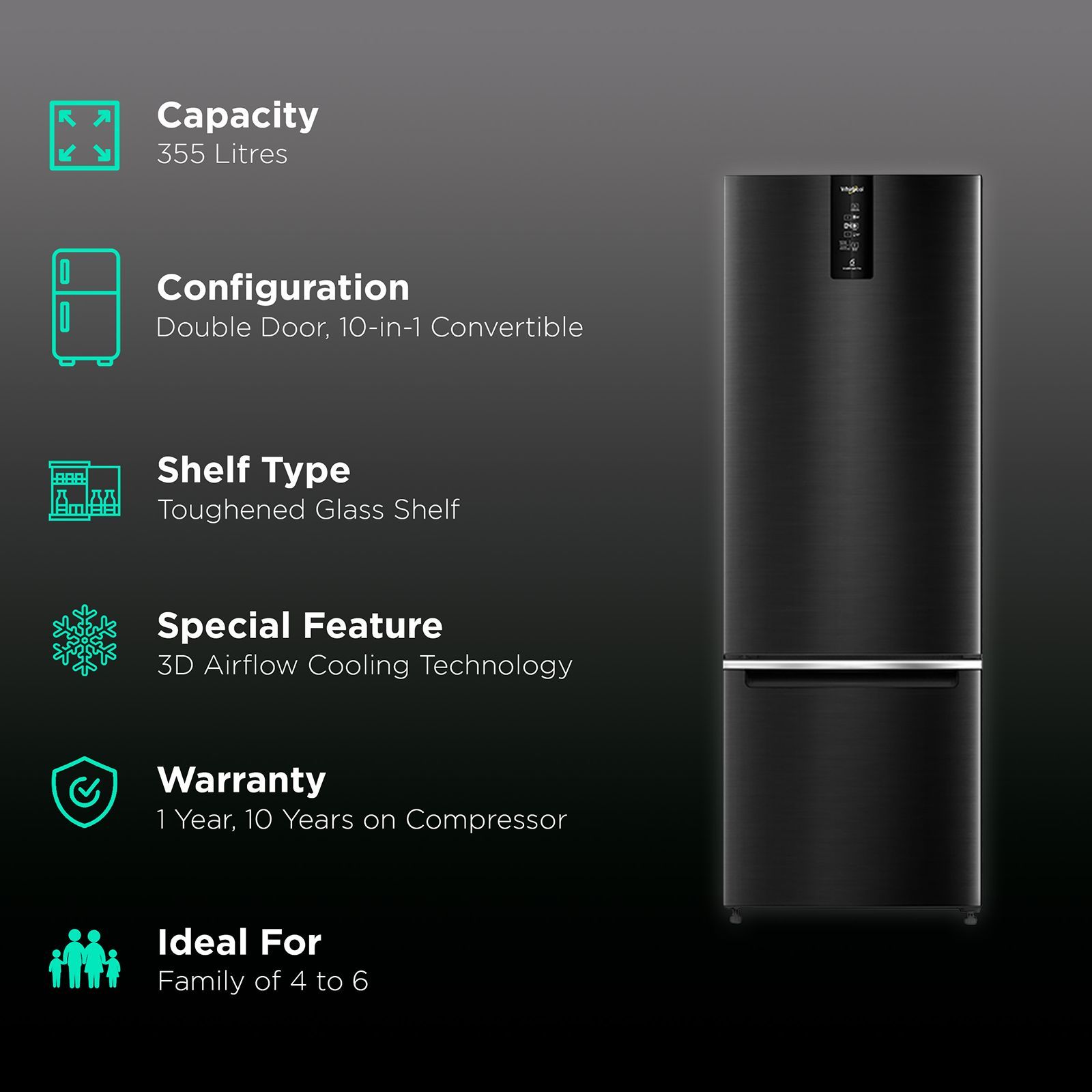 Whirlpool Intellifresh Pro 355 Litres 3 Star Frost Free Double Door Bottom Mount Convertible Refrigerator with Advanced AI Technology (IFPRO BM INV 370 ELT+, Steel Onyx)_2