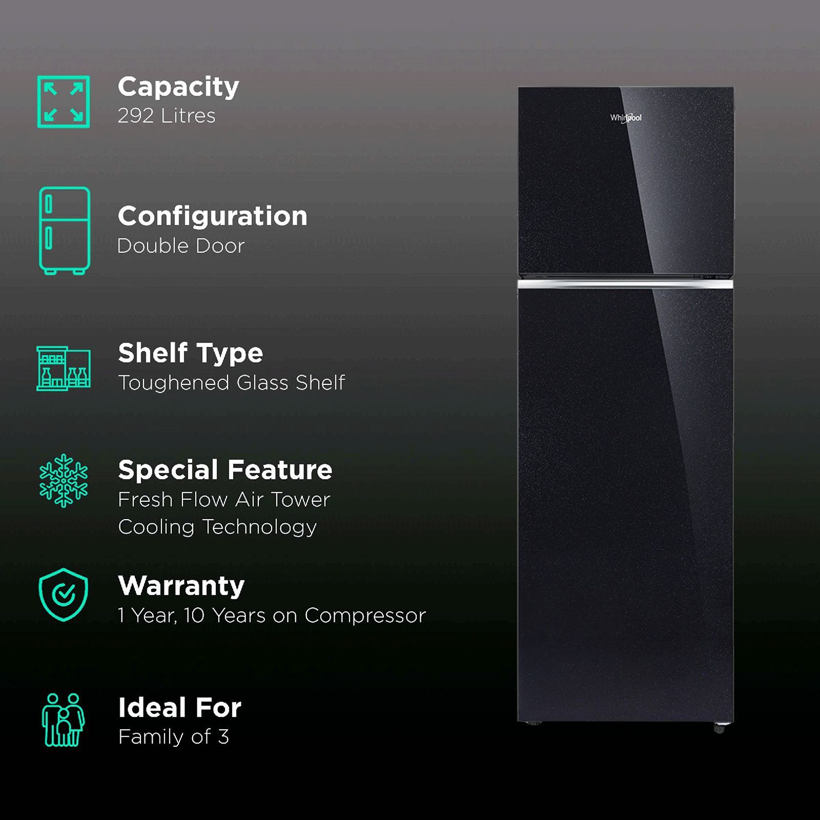 Whirlpool NeoFresh 292 Litres 2 Star Frost Free Double Door Refrigerator with 6th Sense DeepFreeze Technology (NEO 305GD PRM, Crystal Black)_2