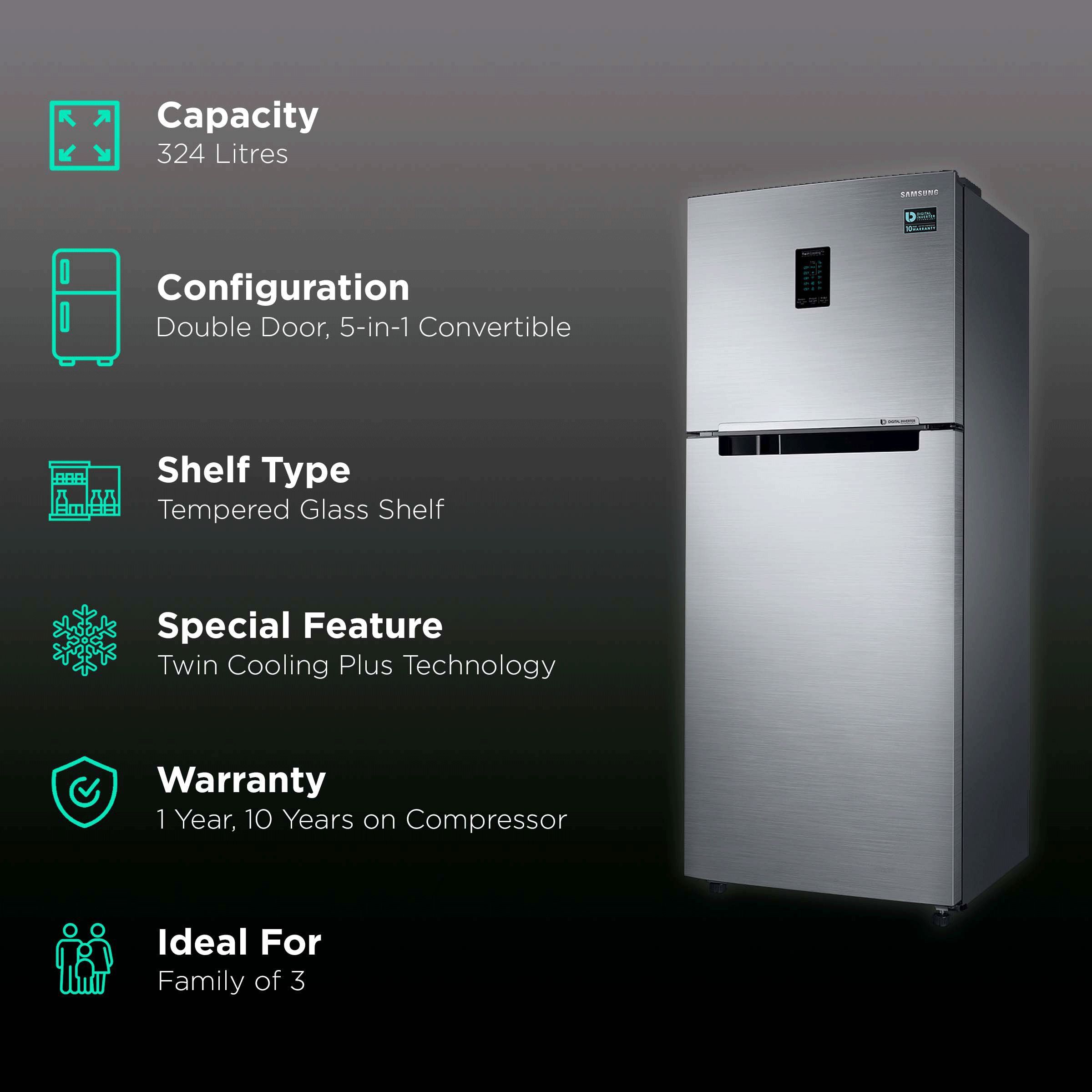 SAMSUNG 324 Litres 2 Star Frost Free Double Door Convertible Refrigerator with Multi Air Flow System (RT34T4522S8/HL, Elegant Inox)_2