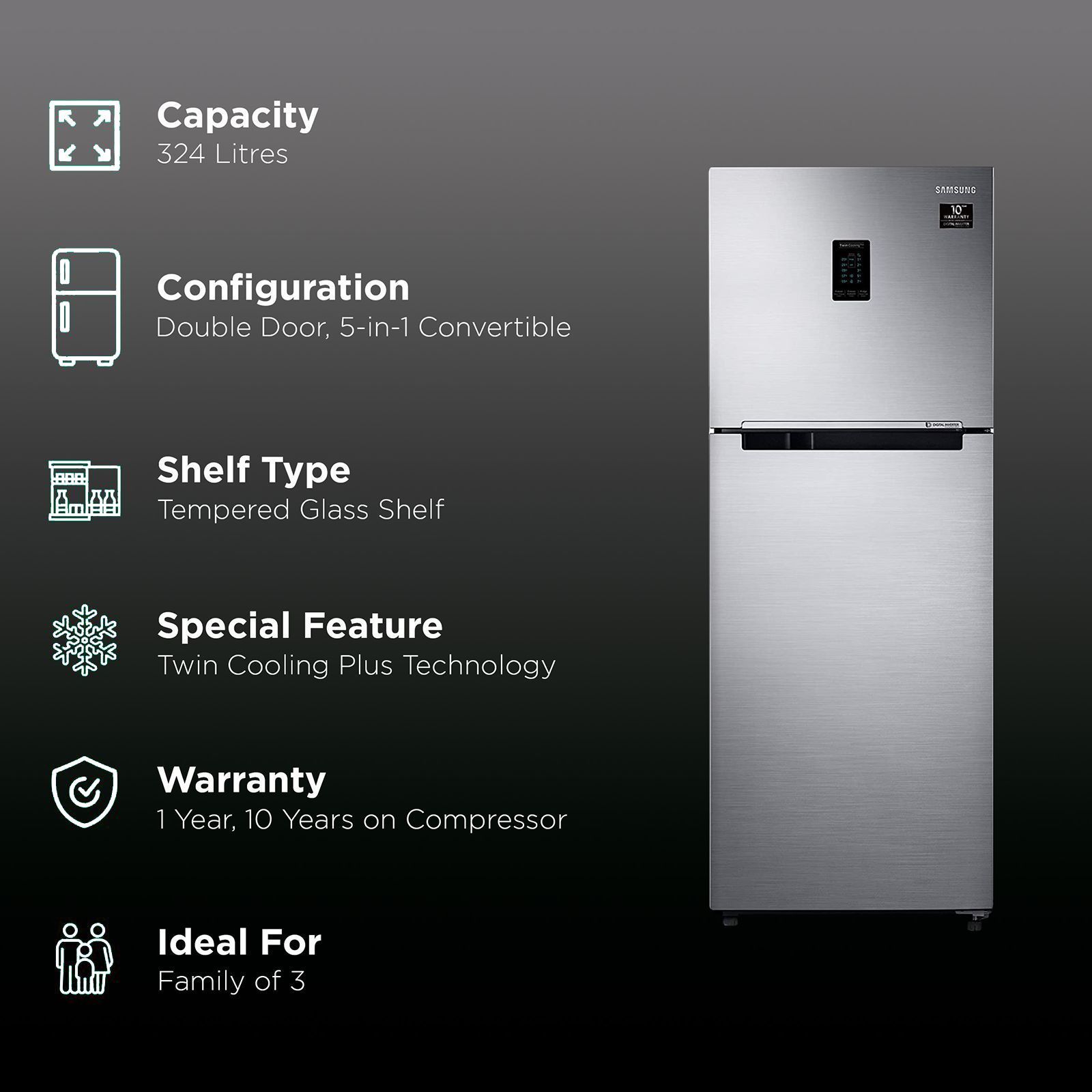 SAMSUNG 324 Litres 2 Star Frost Free Double Door Convertible Refrigerator with Stabilizer Free Operation (RT34T4542S8/HL, Elegant Inox) SAMSUNG 324 Litres 2 Star Frost Free Double Door Convertible Refrigerator with Stabilizer Free Operation (RT34T4542S8/HL, Elegant Inox)_2