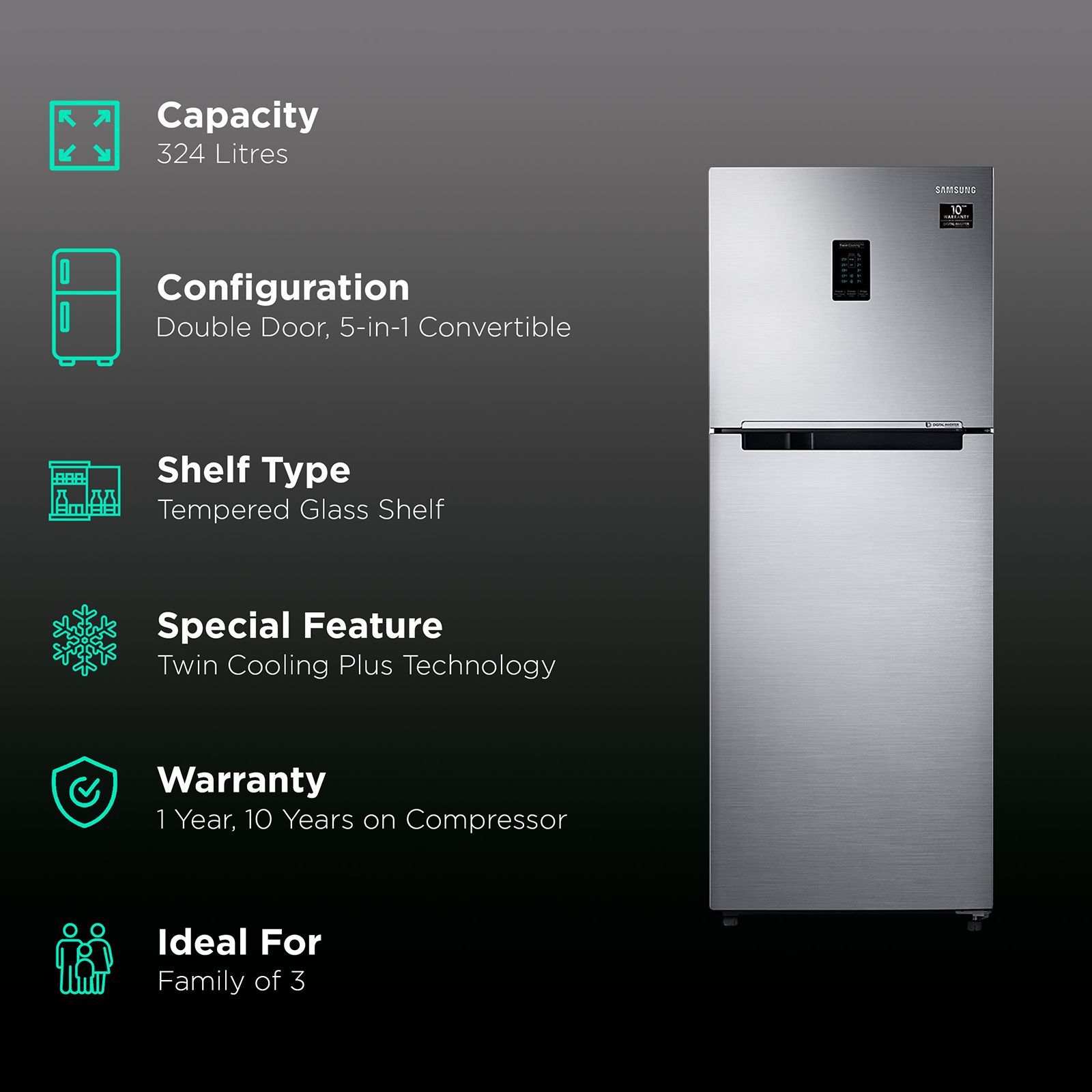 SAMSUNG 324 Litres 2 Star Frost Free Double Door Convertible Refrigerator with Stabilizer Free Operation (RT34T4542S8/HL, Elegant Inox)_2