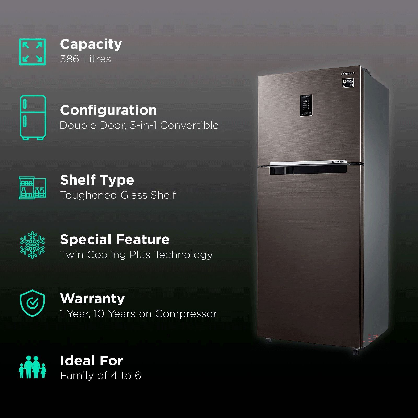 SAMSUNG 386 Litres 3 Star Frost Free Double Door Convertible Refrigerator with Curd Maestro (RT39T5C3EDX/TL, Luxe Brown)_2