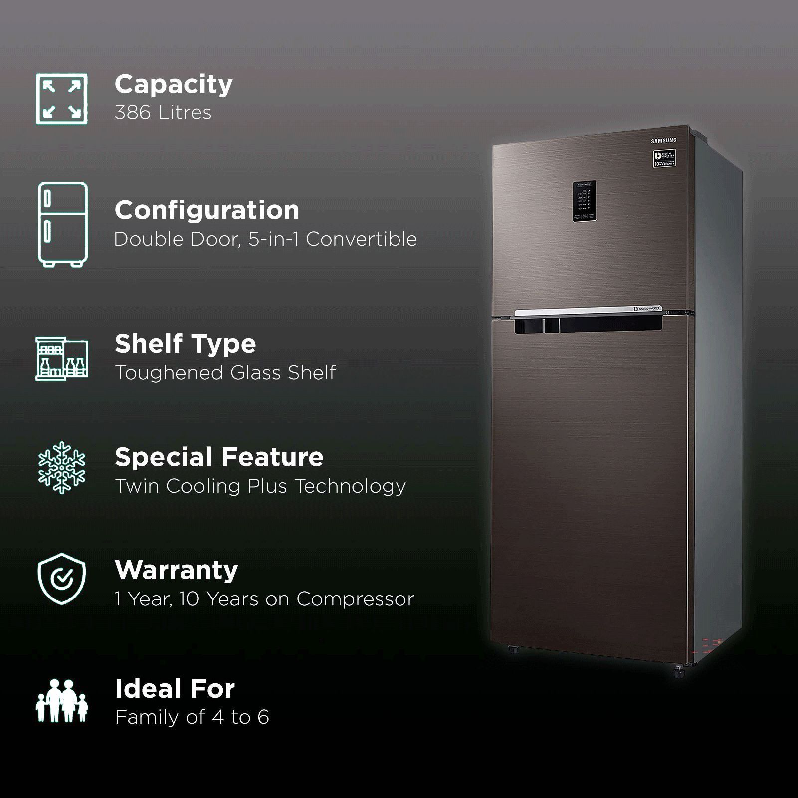 SAMSUNG 386 Litres 3 Star Frost Free Double Door Convertible Refrigerator with Curd Maestro (RT39T5C3EDX/TL, Luxe Brown)_2