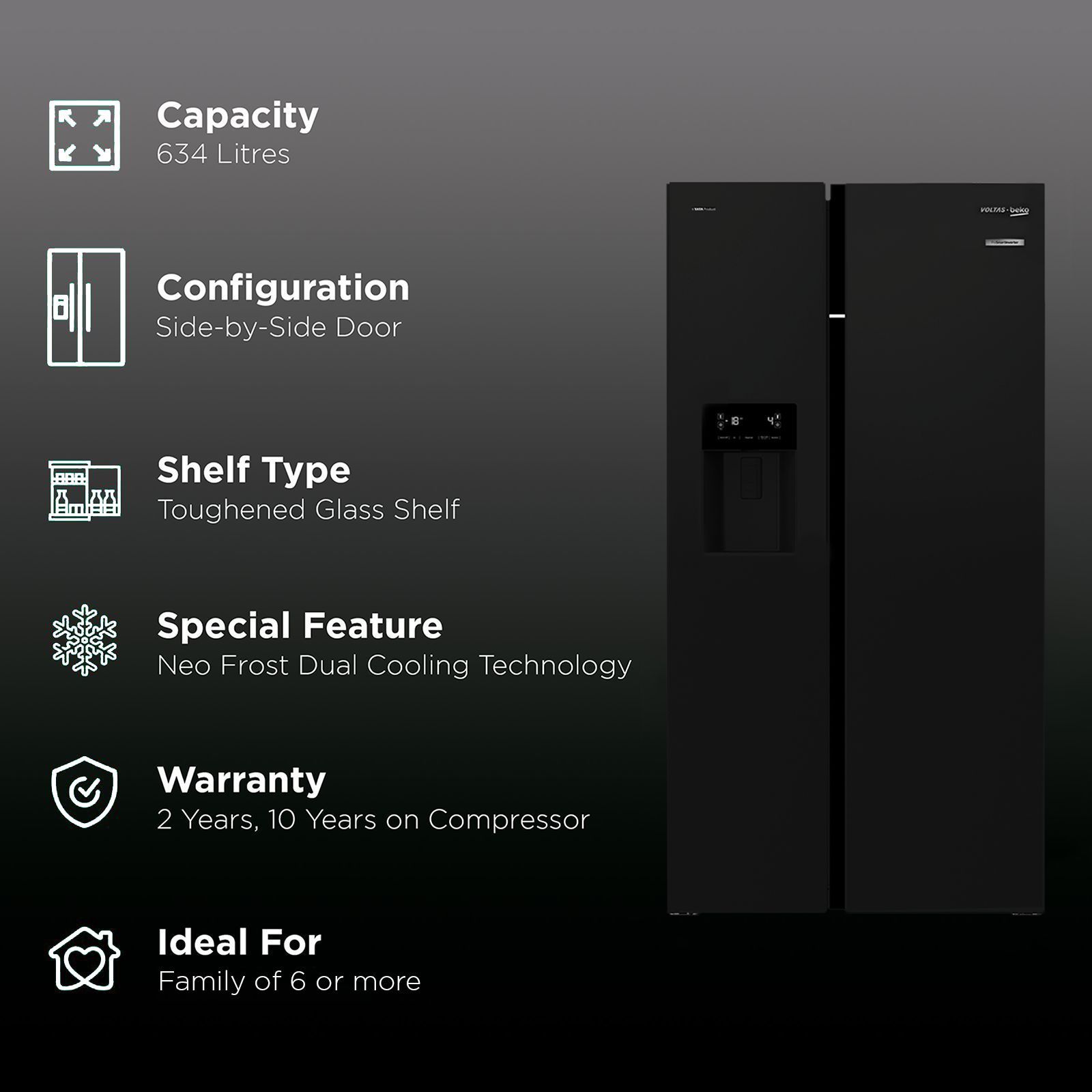 VOLTAS beko 634 Litres Frost Free Side by Side Refrigerator with Neo Frost Dual Cooling (RSB655GBRF, Glass Black)_2