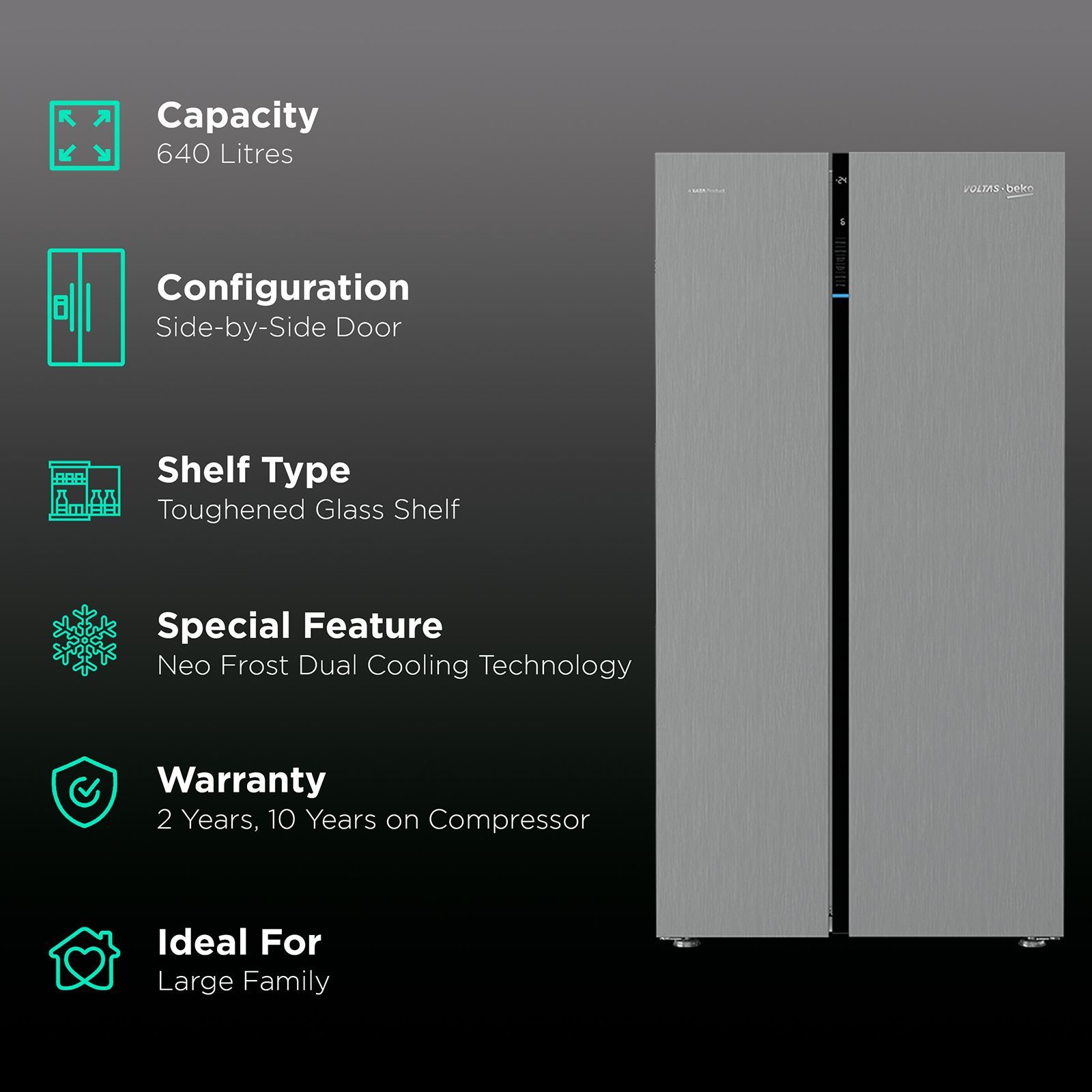 VOLTAS beko 634 Litres Frost Free Side by Side Refrigerator with Neo Frost Dual Cooling (RSB665XPRF, Inox Look) VOLTAS beko 634 Litres Frost Free Side by Side Refrigerator with Neo Frost Dual Cooling (RSB665XPRF, Inox Look)_2