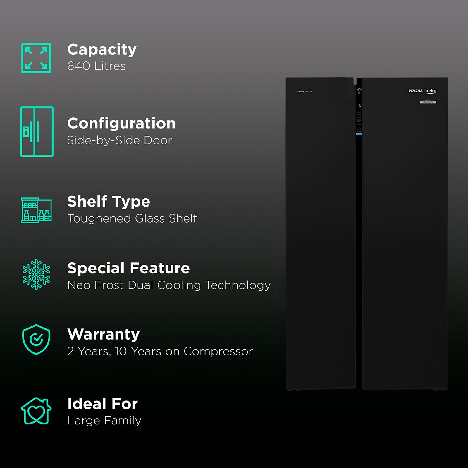 VOLTAS beko 640 Litres Frost Free Side by Side Refrigerator with Neo Frost Dual Cooling (RSB665GBRF, Glass Black) VOLTAS beko 640 Litres Frost Free Side by Side Refrigerator with Neo Frost Dual Cooling (RSB665GBRF, Glass Black)_2