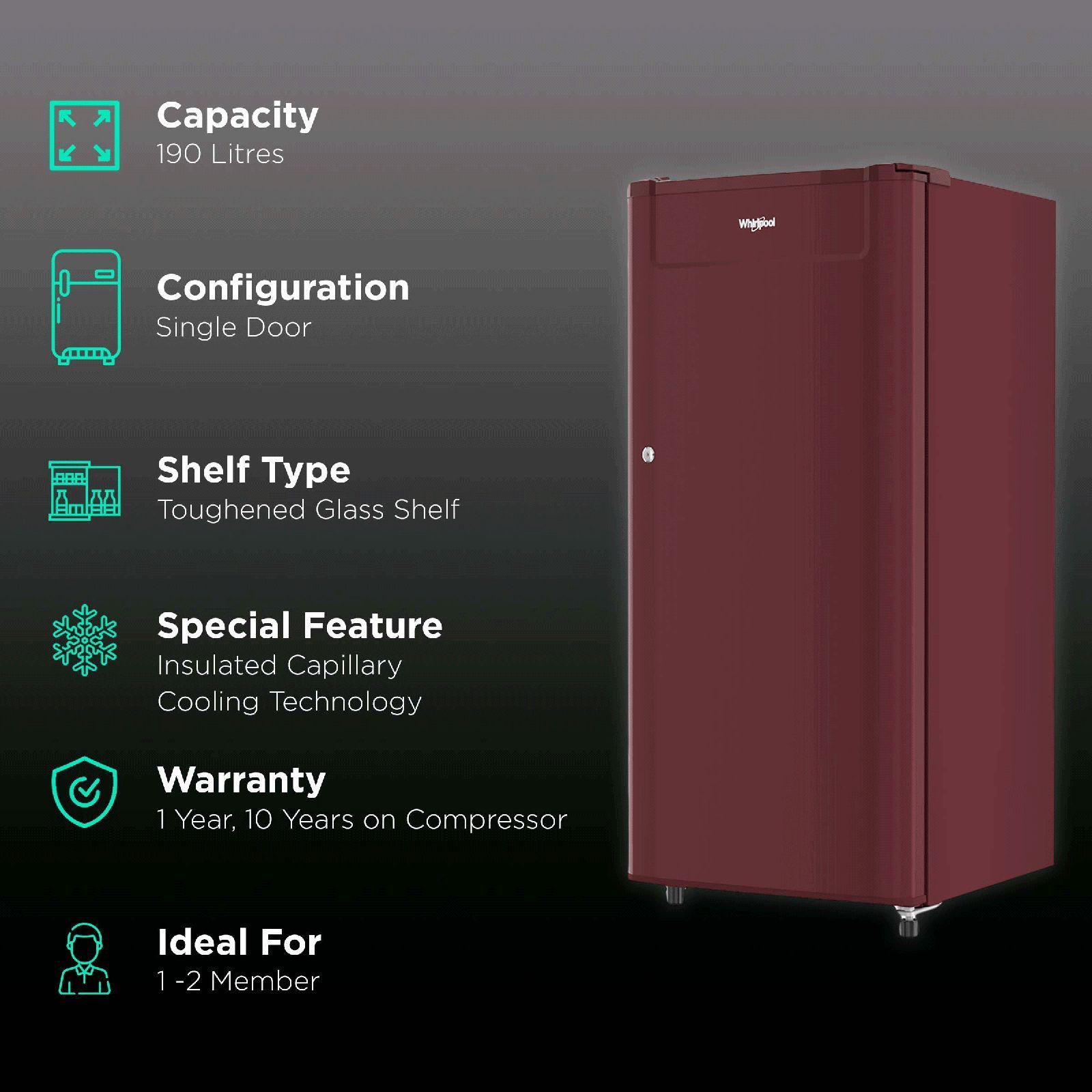 Whirlpool Genius 190 Litres 2 Star Direct Cool Single Door Refrigerator with Insulated Capillary Technology (Wine) Whirlpool Genius 190 Litres 2 Star Direct Cool Single Door Refrigerator with Insulated Capillary Technology (Wine)_2