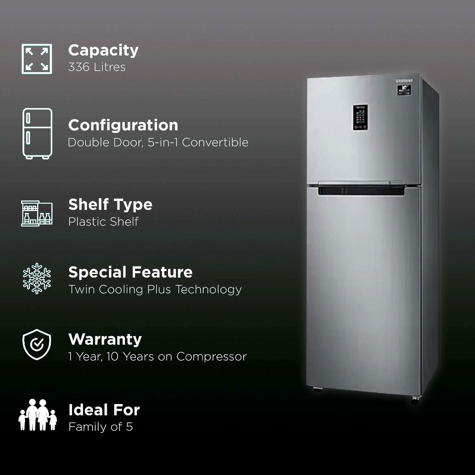 SAMSUNG 336 Litres 3 Star Frost Free Double Door Convertible Refrigerator with Curd Maestro (RT37T4632SL/HL, Elegant Inox)_2