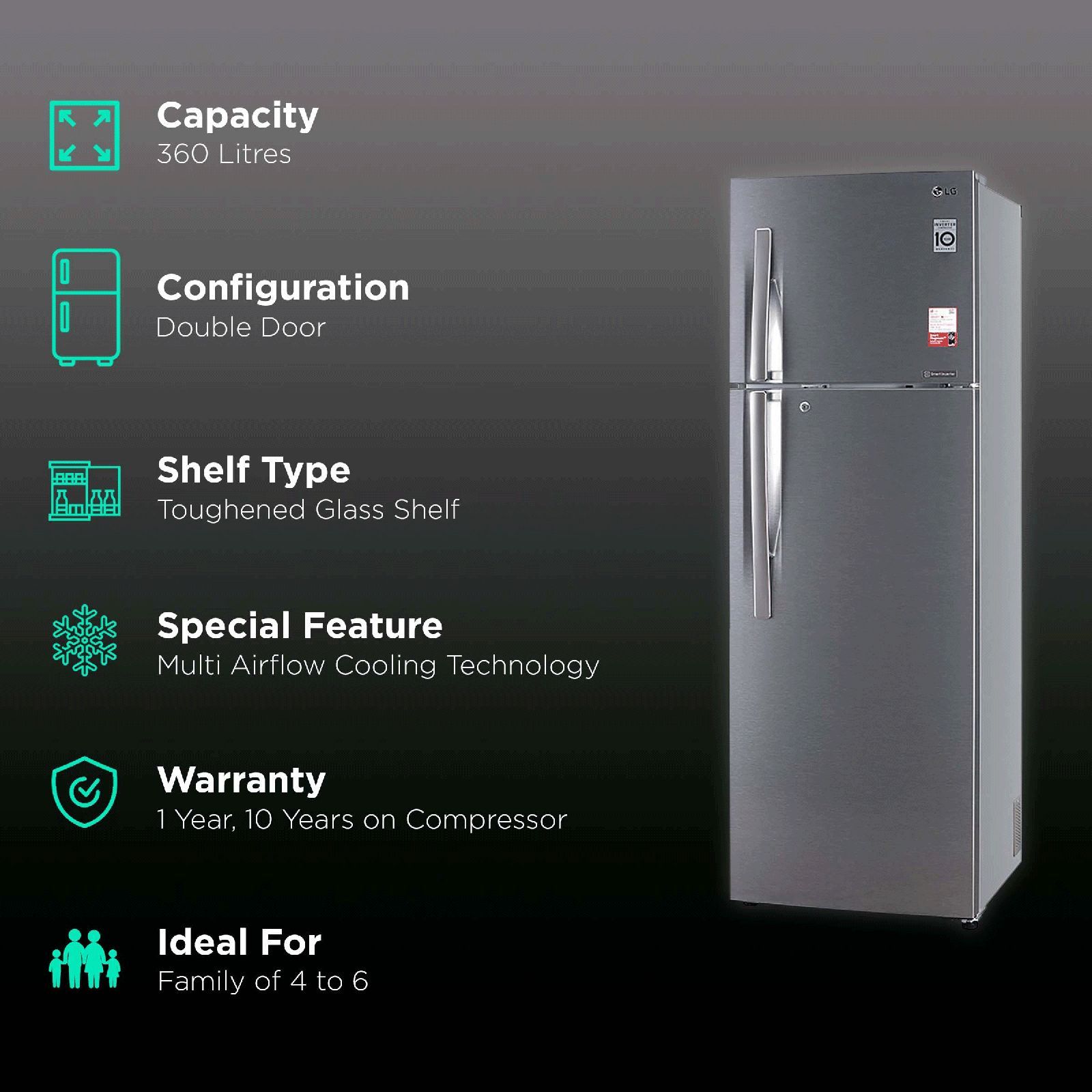 LG 360 Litres 2 Star Frost Free Double Door Convertible Refrigerator with Multi Air Flow System (GL-S402RDSY.DDSZEB, Dazzle Steel)_2