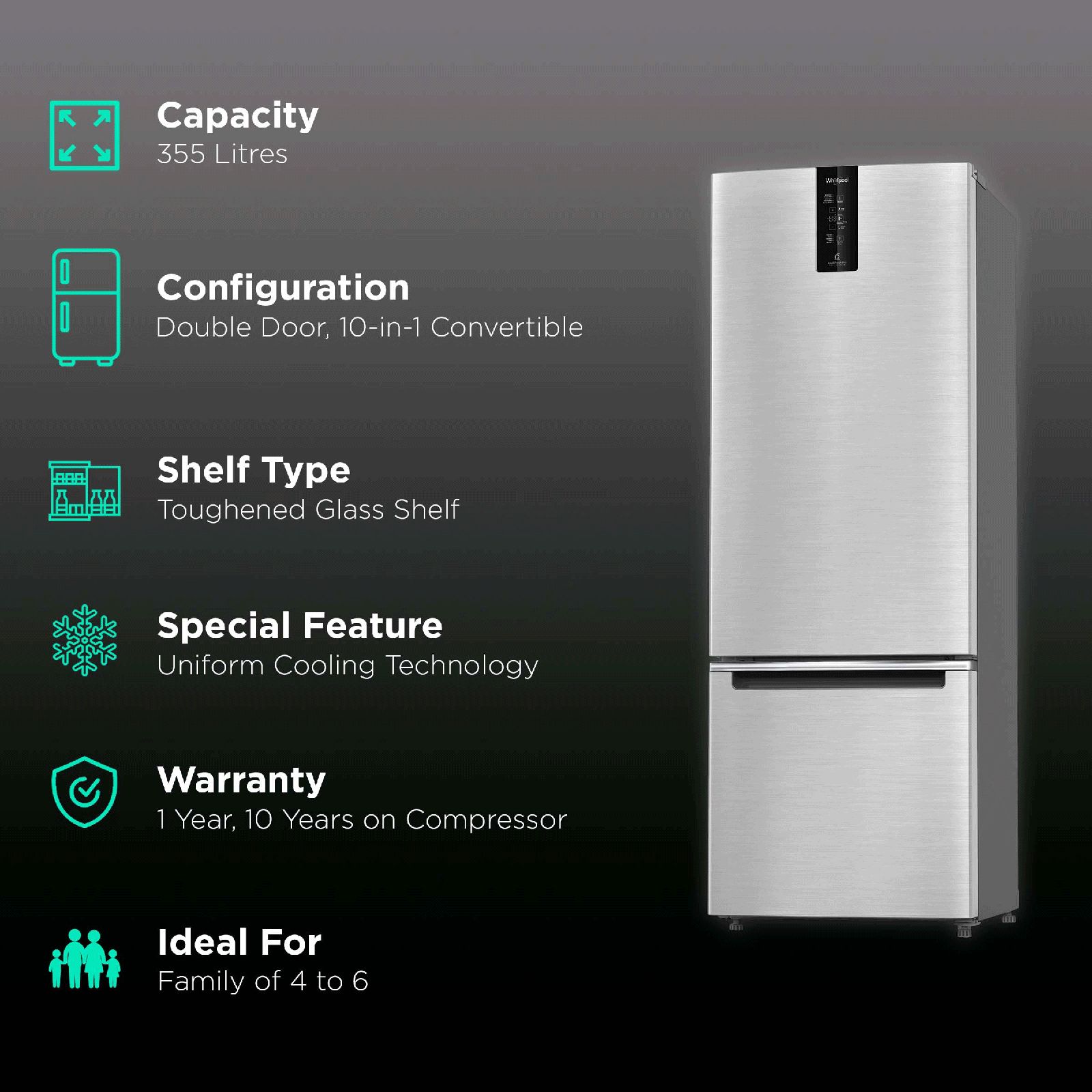 Whirlpool Intellifresh Pro 355 Litres 3 Star Frost Free Double Door Bottom Mount Convertible Refrigerator with MicroBlock Technology (IFPRO BM INV CNV, Omega Steel)_2