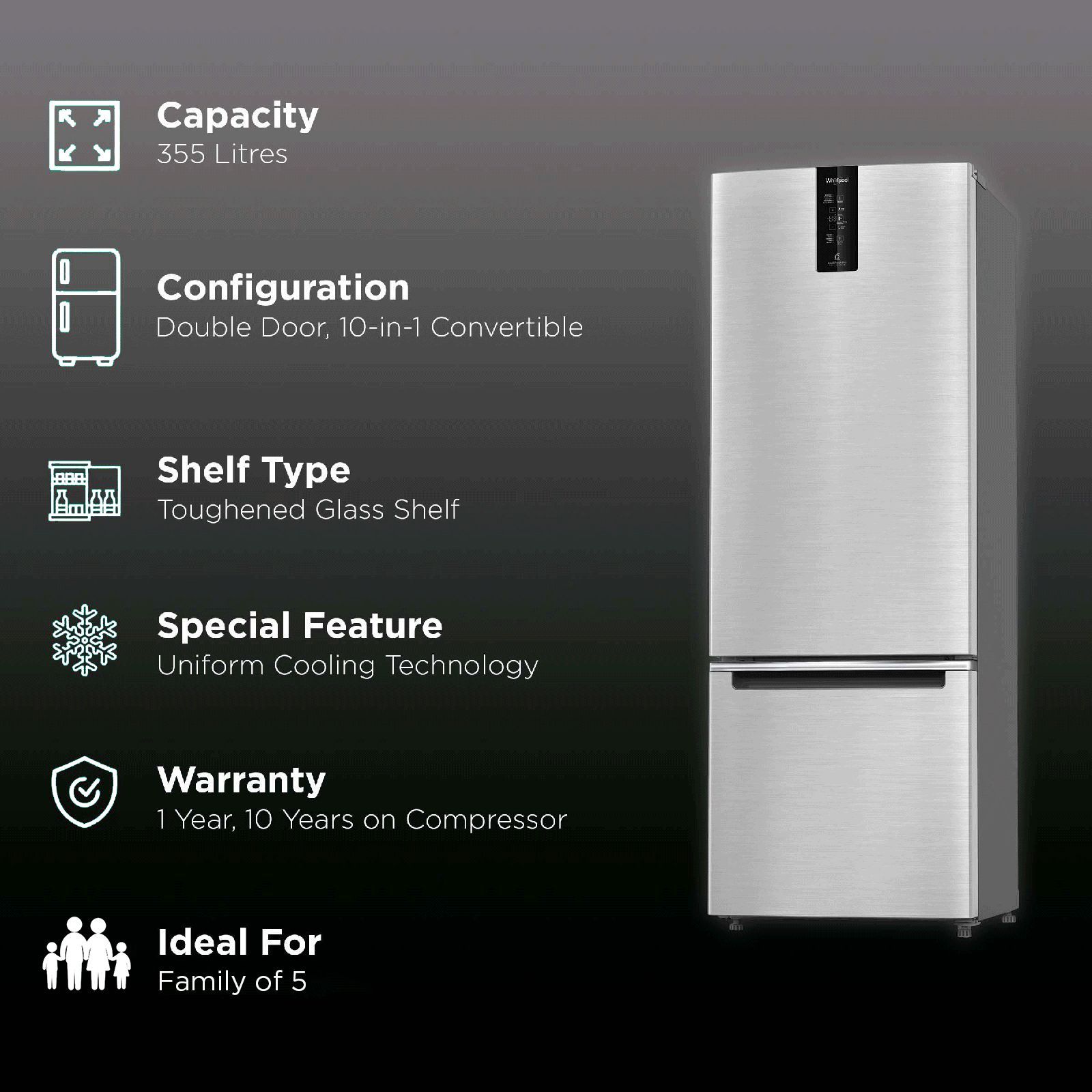 Whirlpool Intellifresh Pro 355 Litres 3 Star Frost Free Double Door Bottom Mount Convertible Refrigerator with MicroBlock Technology (IFPRO BM INV CNV, Omega Steel)_2