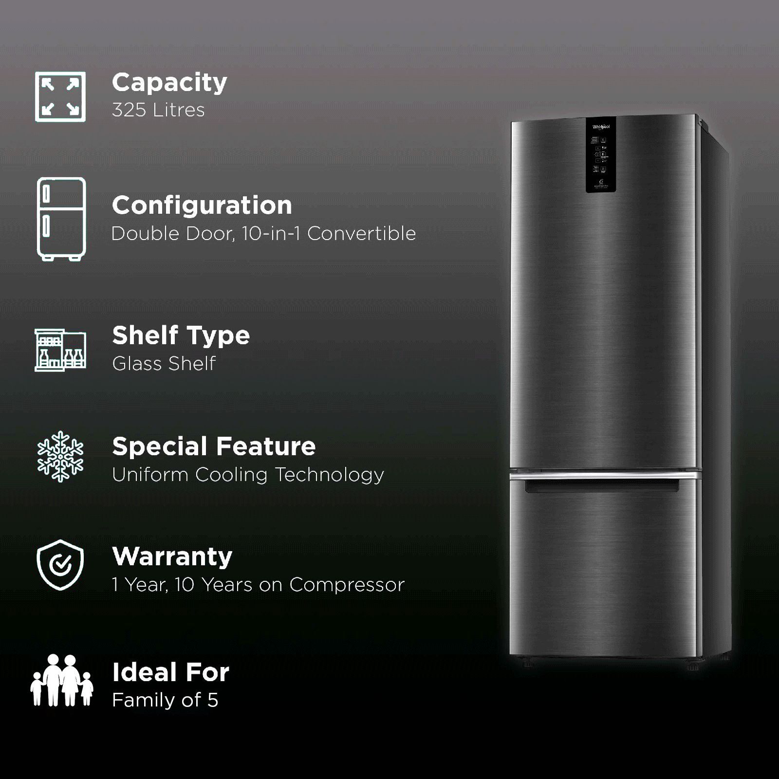Whirlpool 325 Litres 3 Star Frost Free Double Door Bottom Mount Convertible Refrigerator with Adaptive Intelligence Technology (IFPRO BM INV CNV, Steel Onyx) Whirlpool 325 Litres 3 Star Frost Free Double Door Bottom Mount Convertible Refrigerator with Adaptive Intelligence Technology (IFPRO BM INV CNV, Steel Onyx)_2