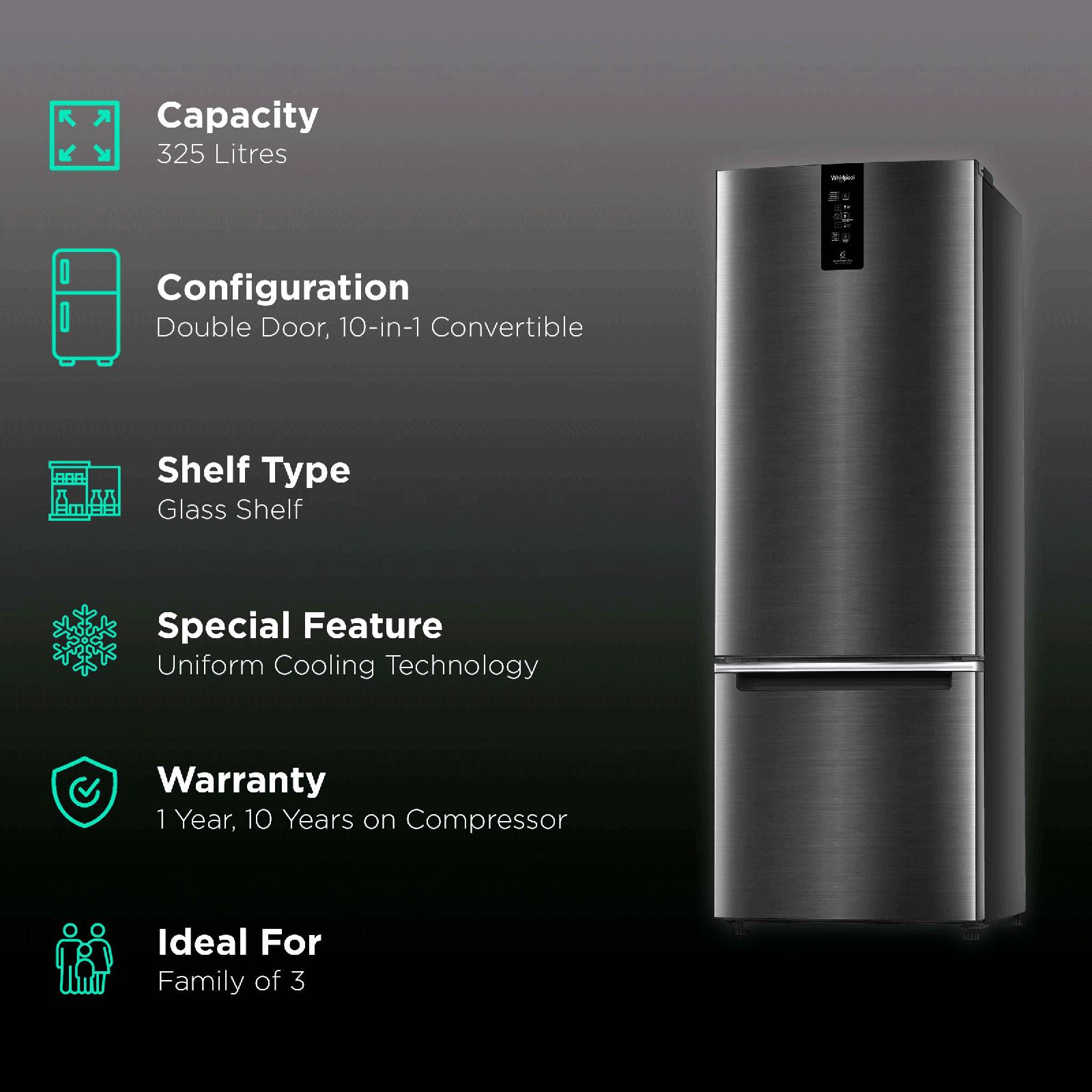 Whirlpool 325 Litres 3 Star Frost Free Double Door Bottom Mount Convertible Refrigerator with Adaptive Intelligence Technology (IFPRO BM INV CNV, Steel Onyx) Whirlpool 325 Litres 3 Star Frost Free Double Door Bottom Mount Convertible Refrigerator with Adaptive Intelligence Technology (IFPRO BM INV CNV, Steel Onyx)_2