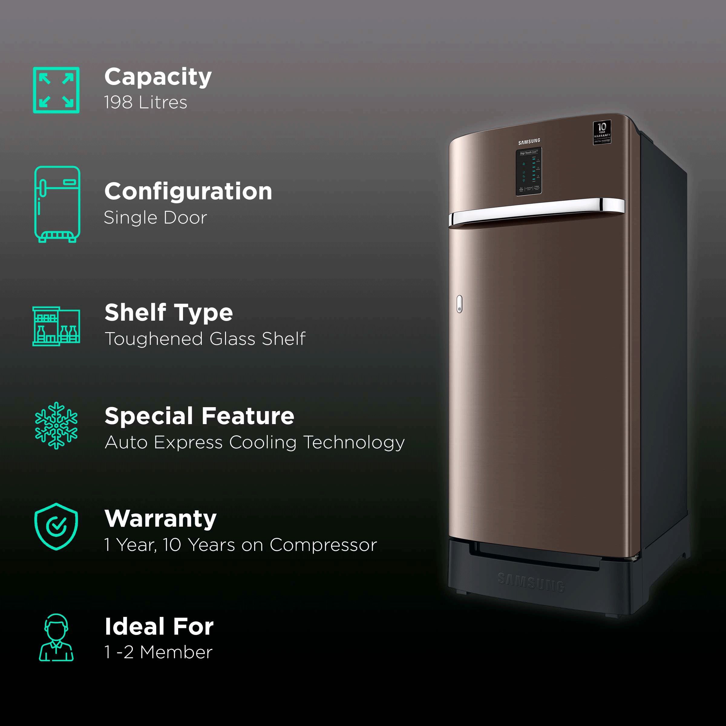 SAMSUNG Digi-Touch Cool 198 Litres 3 Star Direct Cool Single Door Refrigerator with Base Stand Drawer (RR21A2F2YDX/HL, Luxe Brown) SAMSUNG Digi-Touch Cool 198 Litres 3 Star Direct Cool Single Door Refrigerator with Base Stand Drawer (RR21A2F2YDX/HL, Luxe Brown)_2