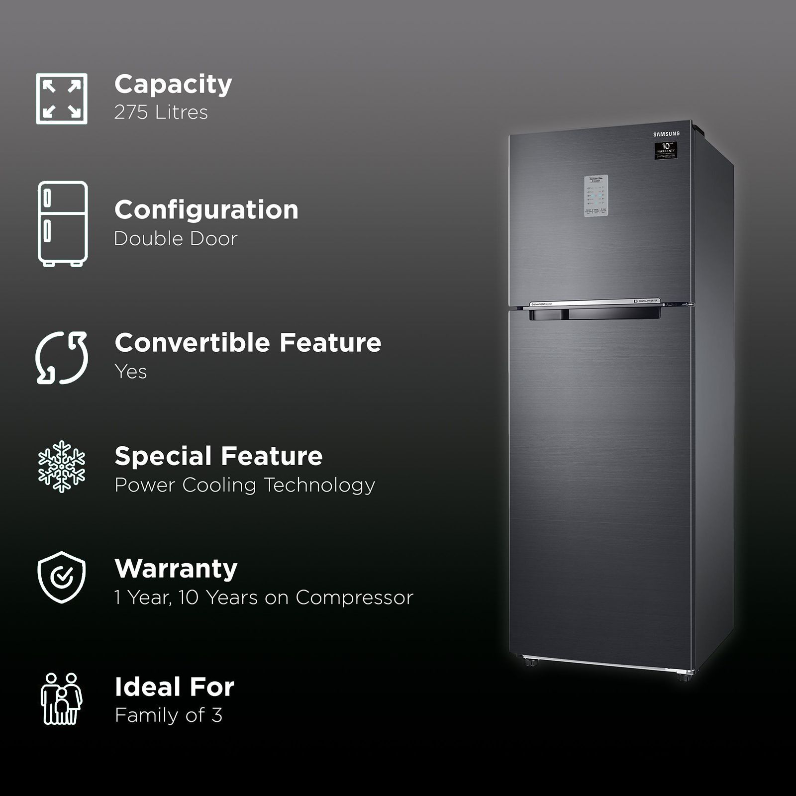 SAMSUNG 275 Litres 3 Star Frost Free Double Door Convertible Refrigerator with Power Cool Function (RT30A3743BX/HL, Luxe Black)_2