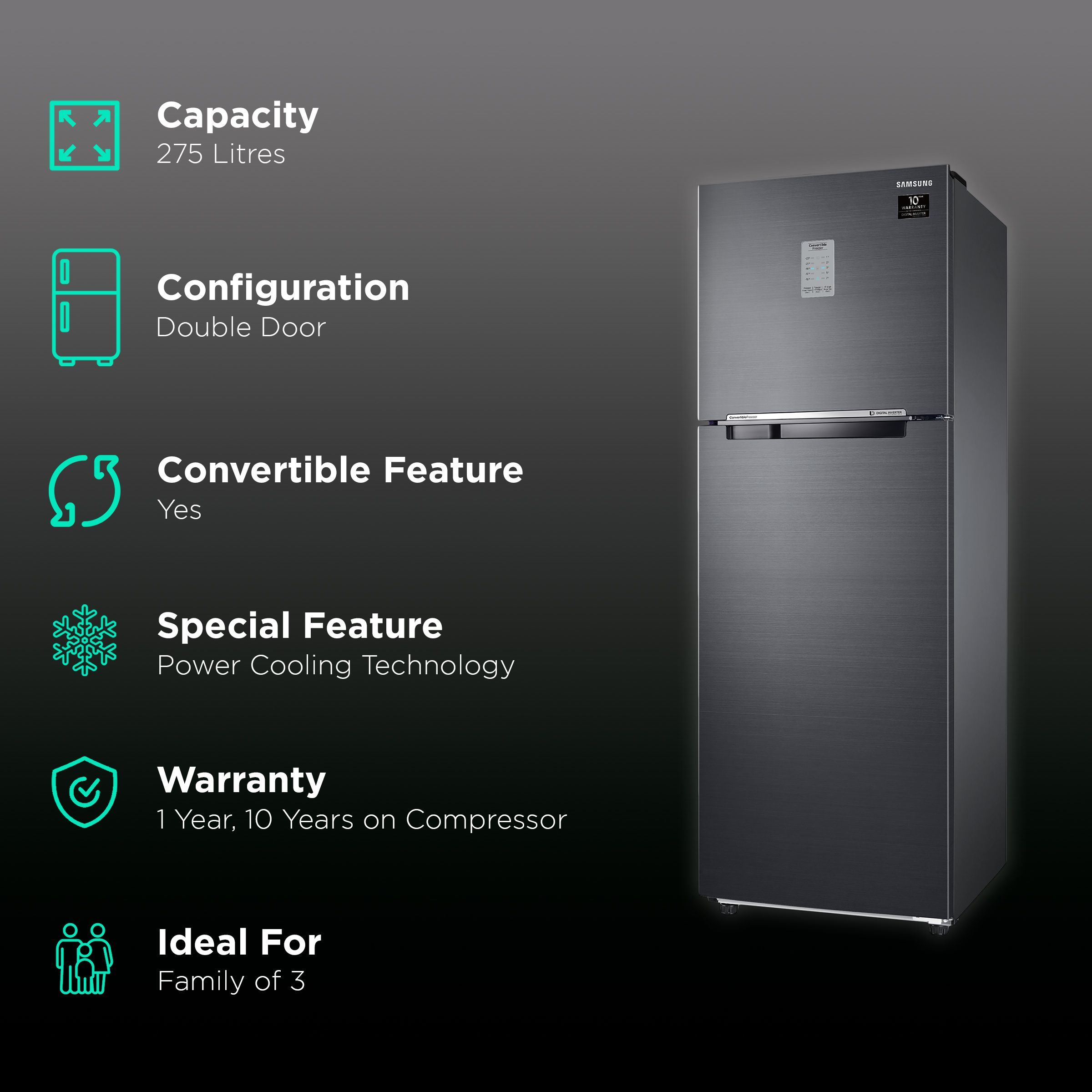 SAMSUNG 275 Litres 3 Star Frost Free Double Door Convertible Refrigerator with Power Cool Function (RT30A3743BX/HL, Luxe Black)_2
