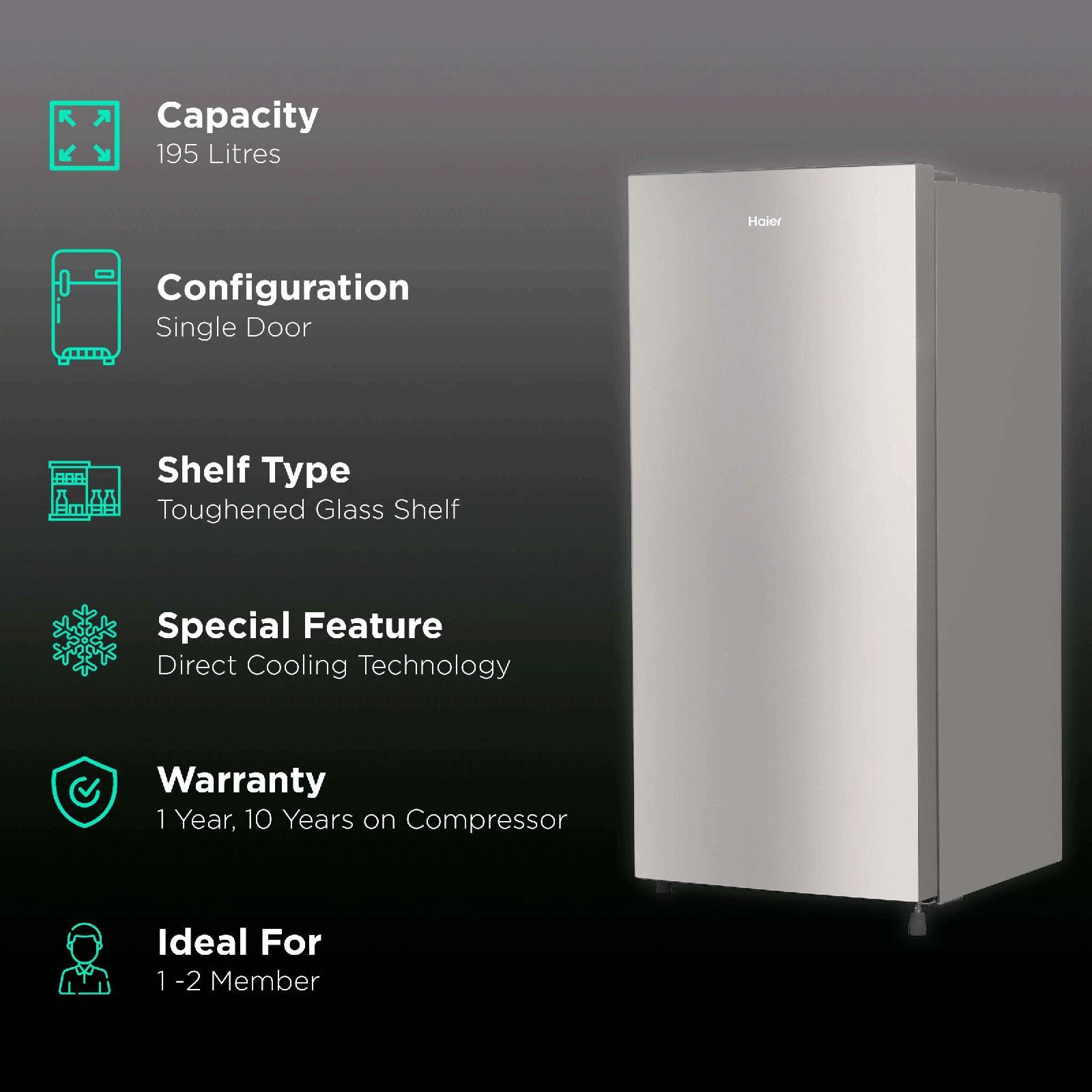 Haier 195 Litres 5 Star Direct Cool Single Door Refrigerator with Hour Icing Technology (HRD-1955CTS-E, Titanium Steel)_2