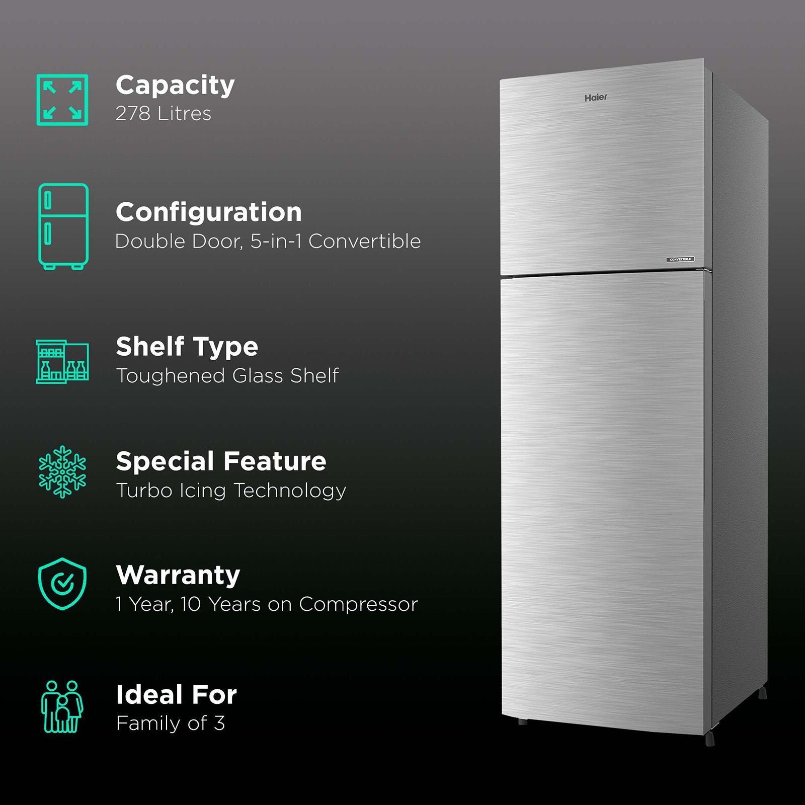 Haier 268 Litres 3 Star Frost Free Double Door Convertible Refrigerator with Turbo Icing Technology (HRF-2984BS-E, Brushline Silver)_2