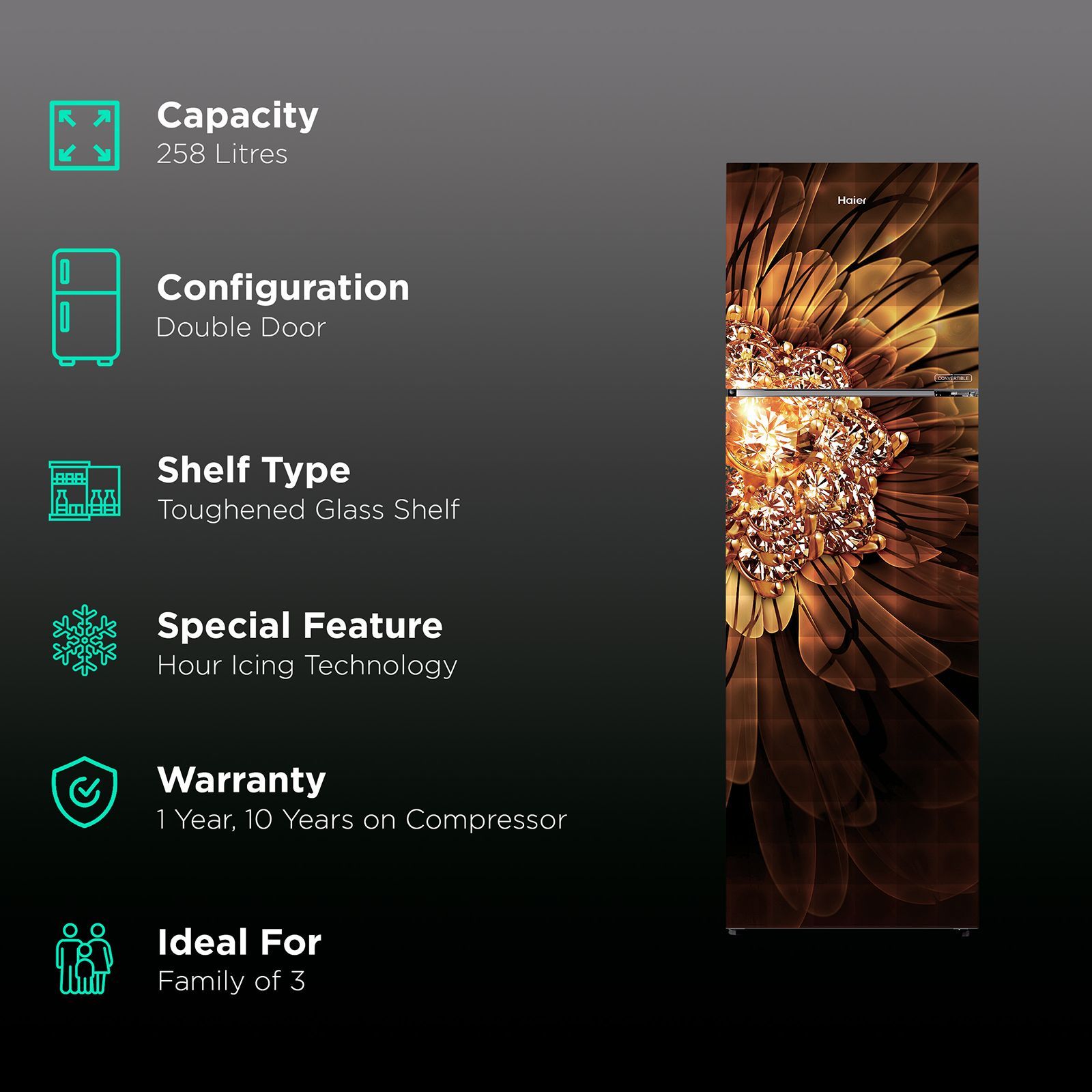 Haier 240 Litres 3 Star Frost Free Double Door Convertible Refrigerator with Hour Icing Technology (HRF-2984PCG-E, Crystal Glass)_2