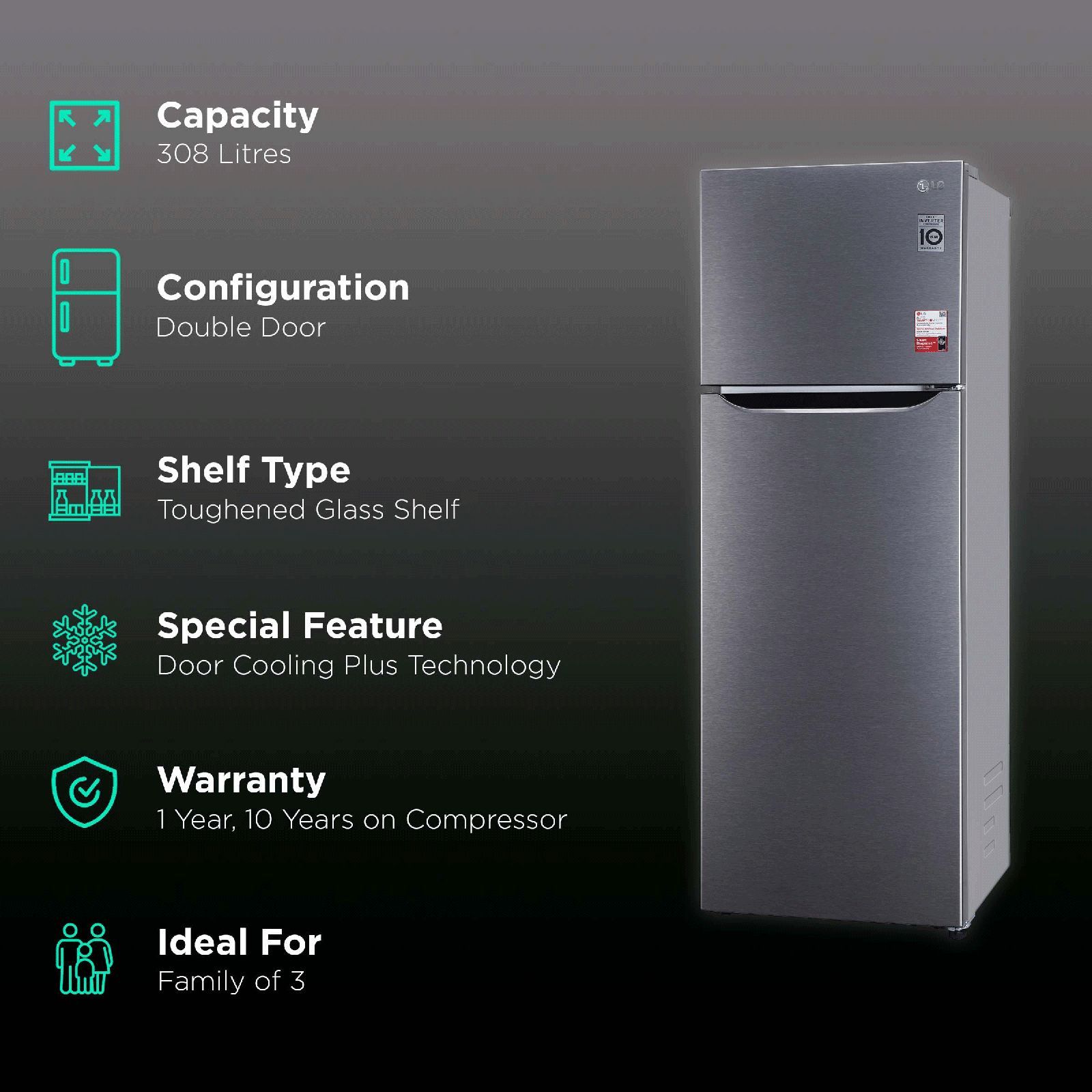 LG 308 Litres 2 Star Frost Free Double Door Convertible Refrigerator with Multi Air Flow System (GL-S322SDSY.ADSZEB, Dazzle Steel)_2