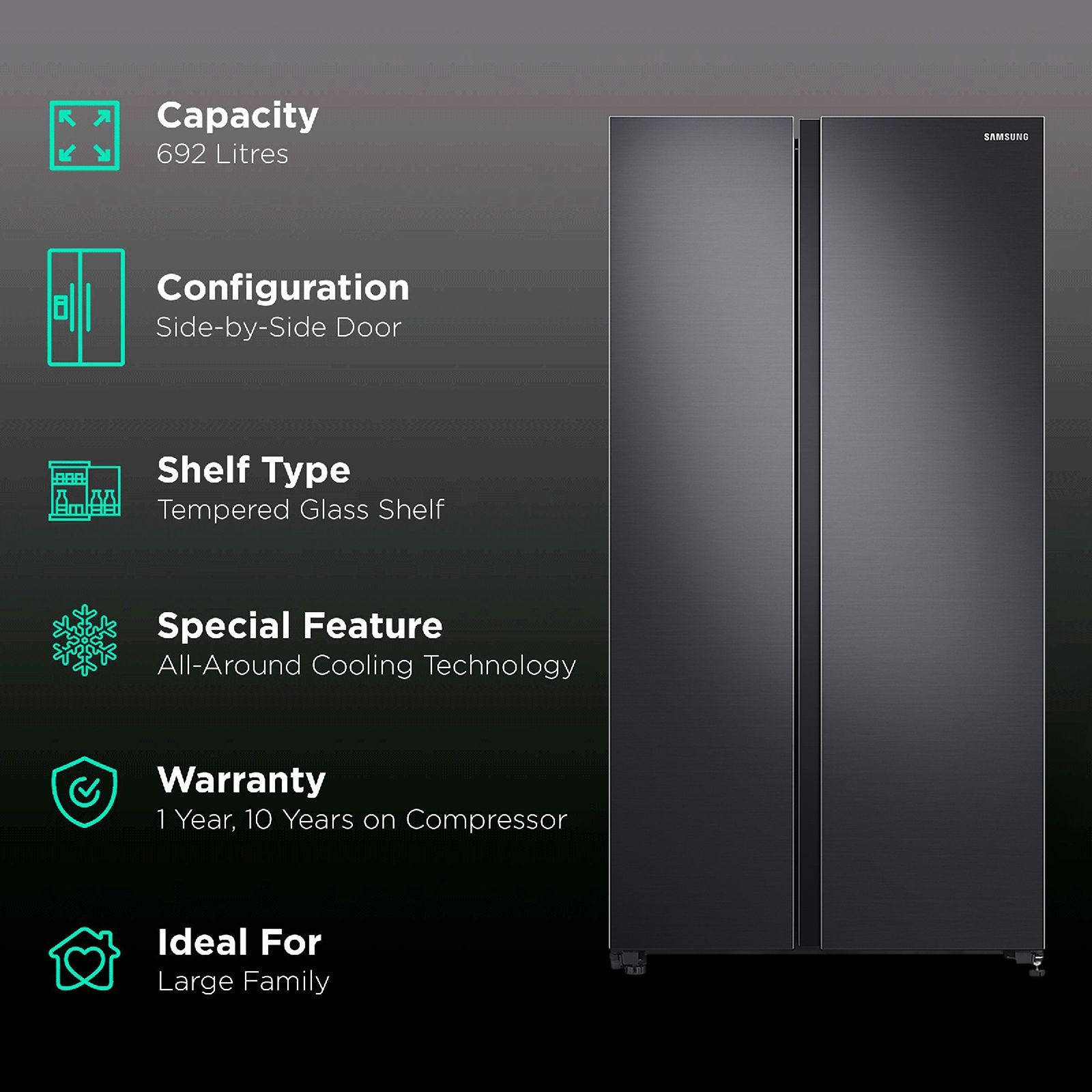 SAMSUNG 692 Litres Frost Free Side by Side Refrigerator with Curd Maestro (RS72A50K1B4/TL, Black Matt)_2