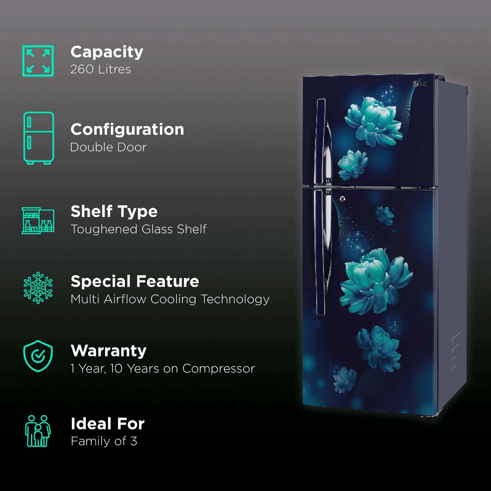 LG 260 Litres 2 Star Frost Free Double Door Convertible Refrigerator with Multi Air Flow System (GL-S292RBCY.DBCZEB, Blue Charm)_2