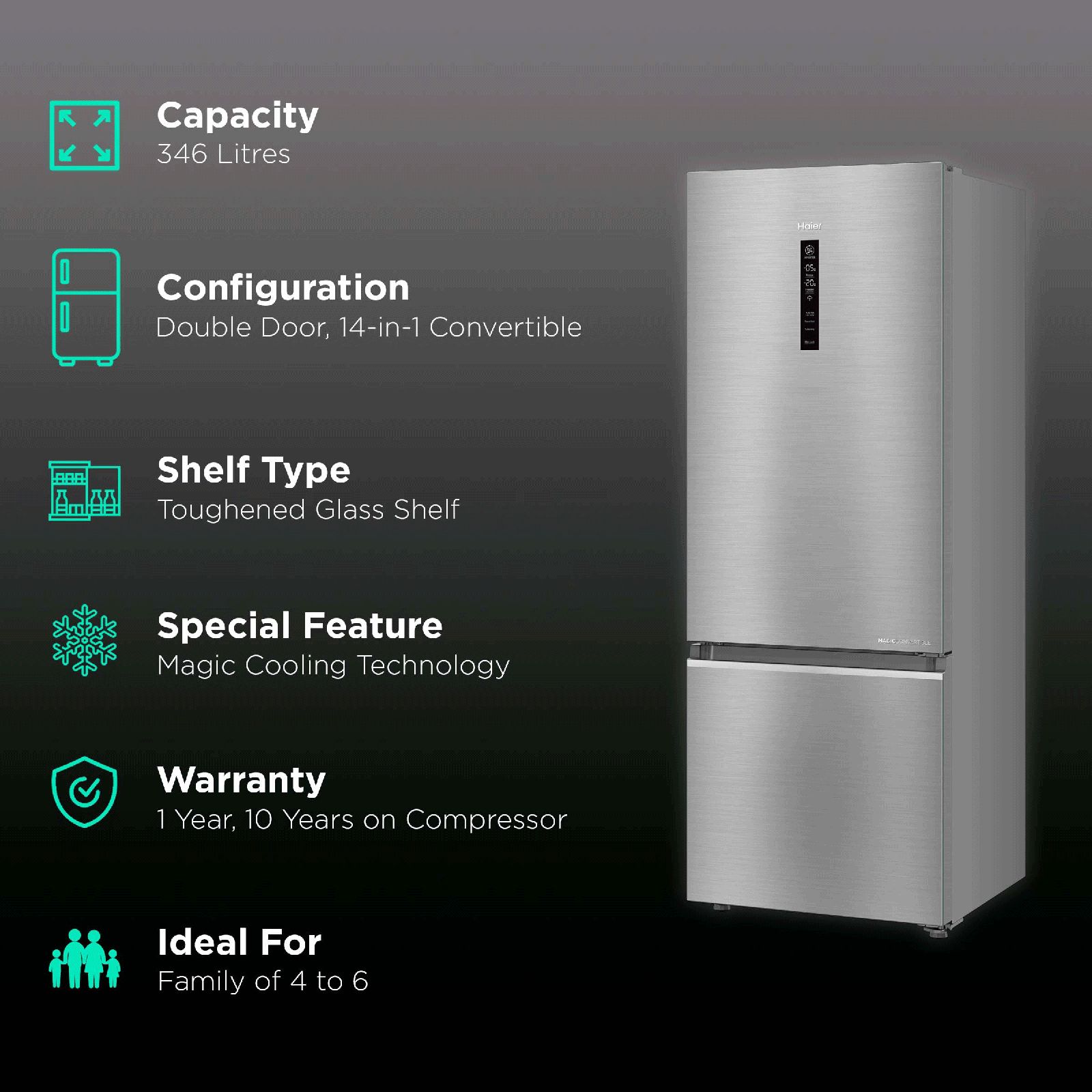 Haier 346 Litres 3 Star Frost Free Double Door Bottom Mount Convertible Refrigerator with Multi Air Flow System (HRB-3664BS-E, Brushline Silver)_2