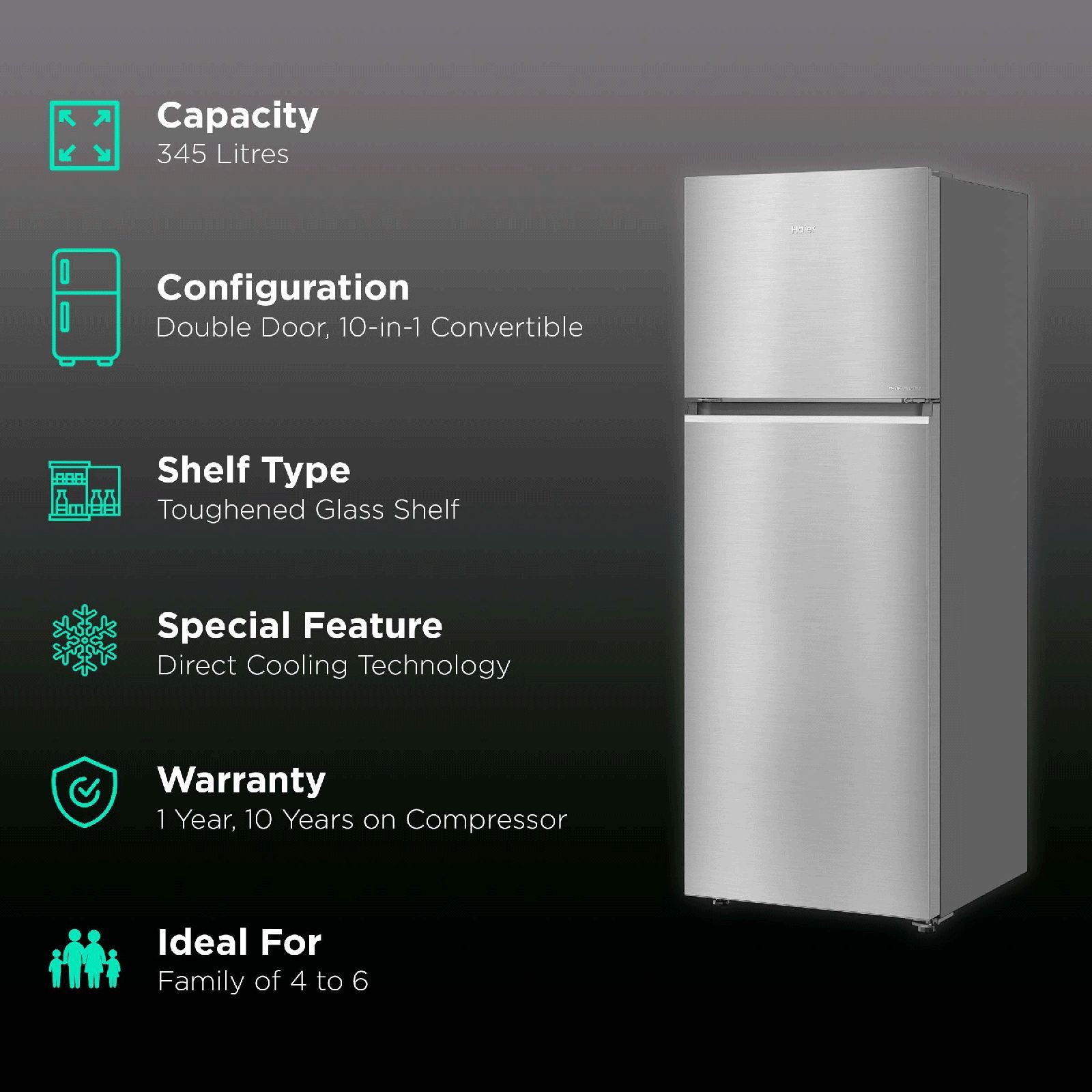 Haier 345 Litres 3 Star Frost Free Double Door Convertible Refrigerator with Magic Cooling Technology (HRF-3654CIS-E, Inox Steel)_2