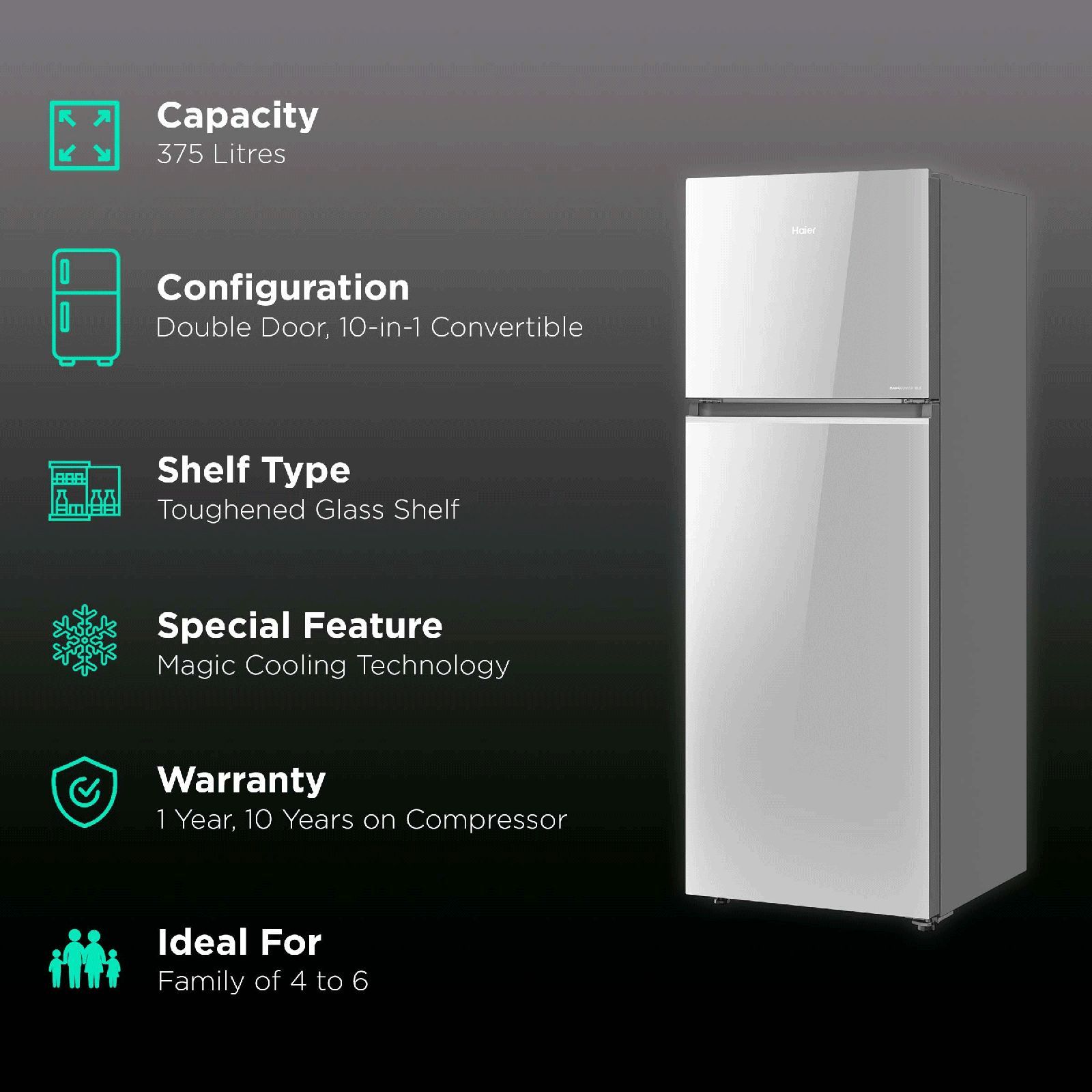 Haier 358 Litres 3 Star Frost Free Double Door Convertible Refrigerator with Magic Cooling Technology (HRF-3954PMG-E, Mirror Glass)_2