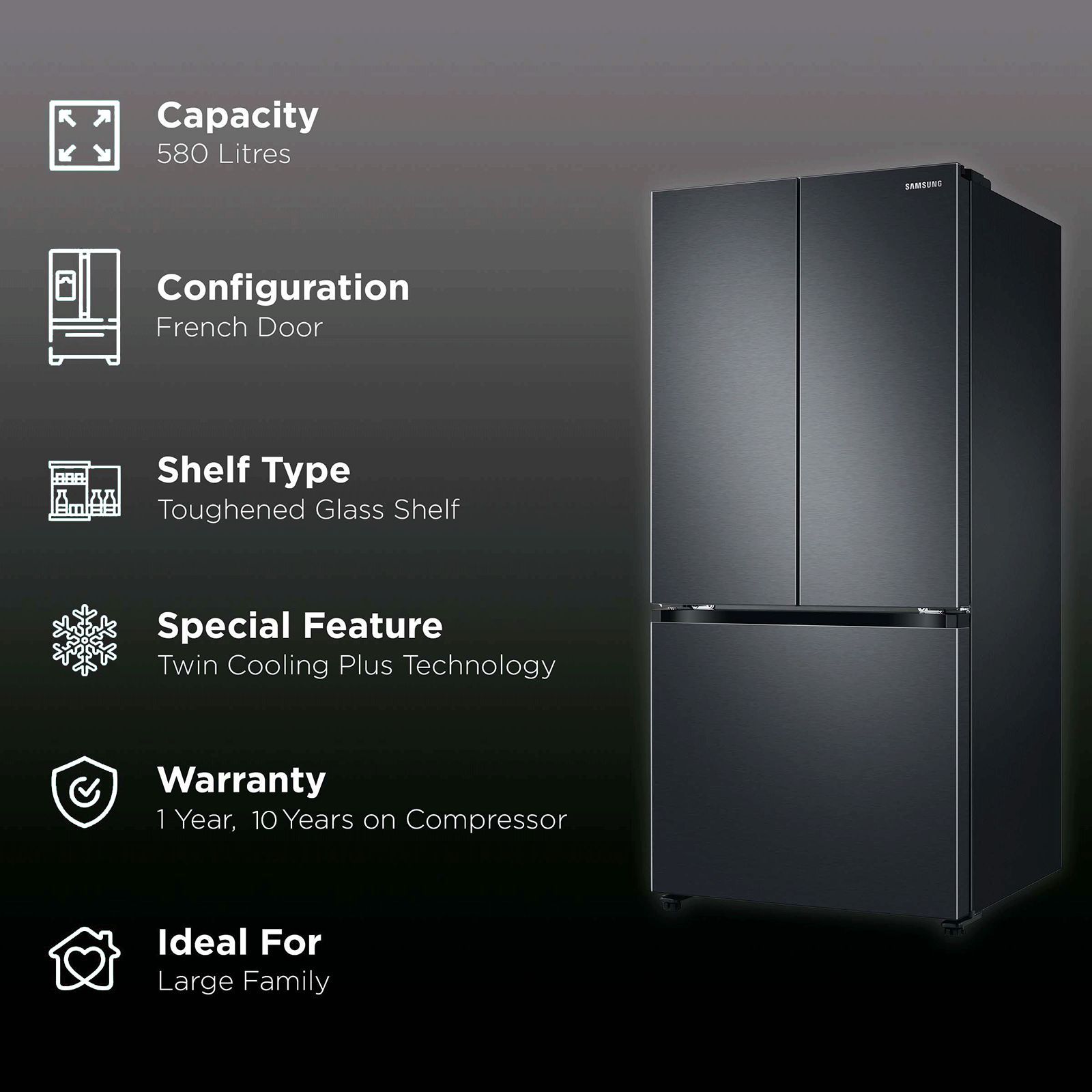 SAMSUNG 550 Litres Frost Free French Door Convertible Refrigerator with Twin Cooling Plus Technology (RF57A5032B1/TL, Black Matt) SAMSUNG 550 Litres Frost Free French Door Convertible Refrigerator with Twin Cooling Plus Technology (RF57A5032B1/TL, Black Matt)_2