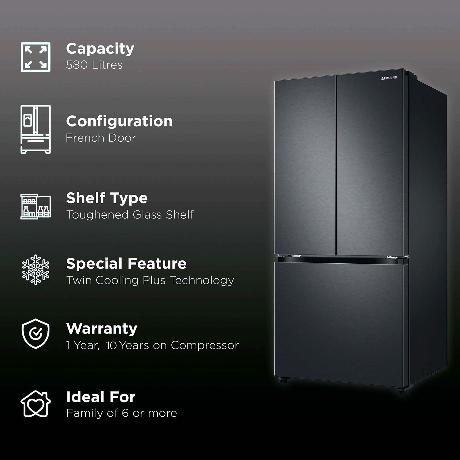 SAMSUNG 550 Litres Frost Free French Door Convertible Refrigerator with Twin Cooling Plus Technology (RF57A5032B1/TL, Black Matt)_2