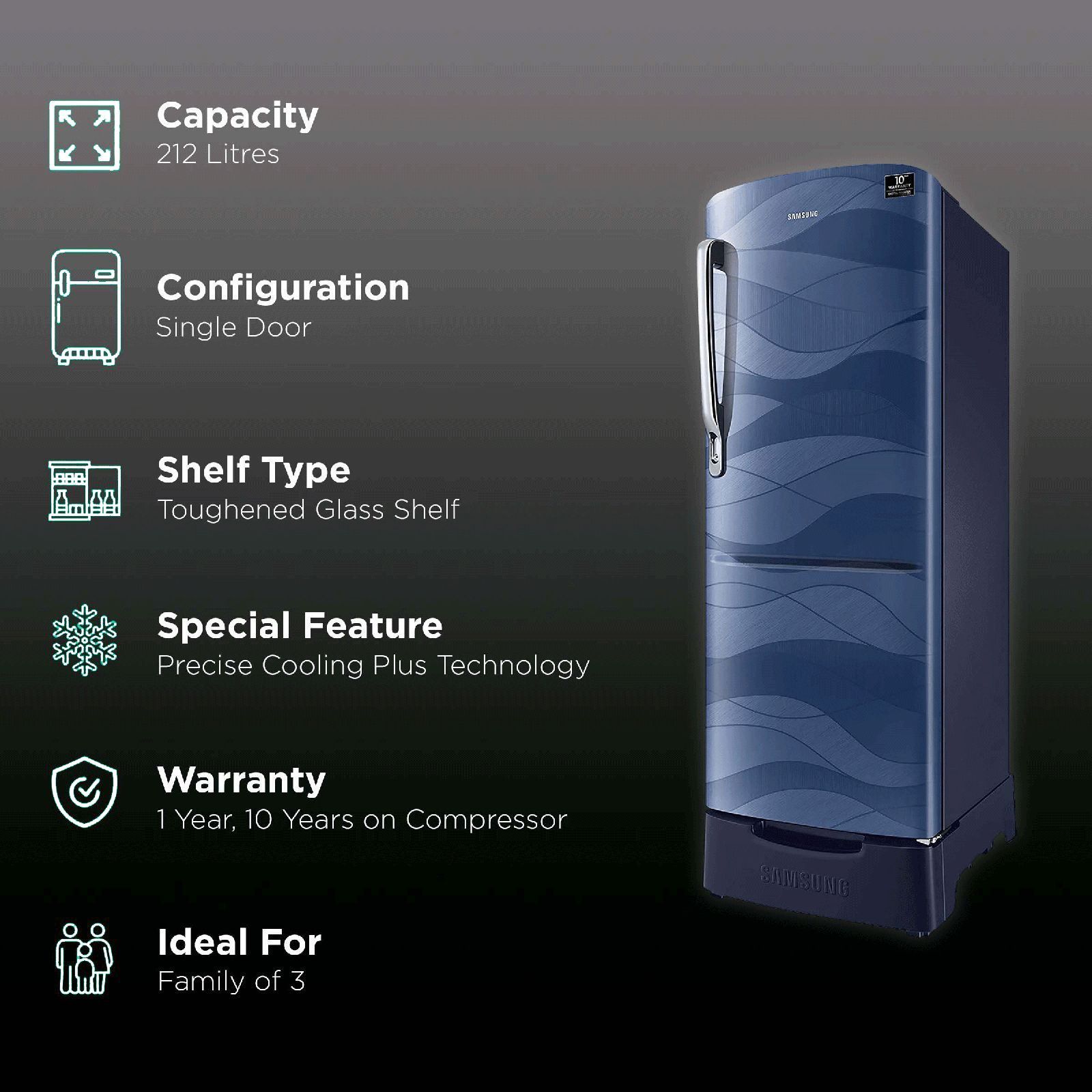 SAMSUNG Stylish Grande 212 Litres 4 Star Direct Cool Single Door Refrigerator with Base Stand Drawer (RR22T385XUV/HL, Blue)_2