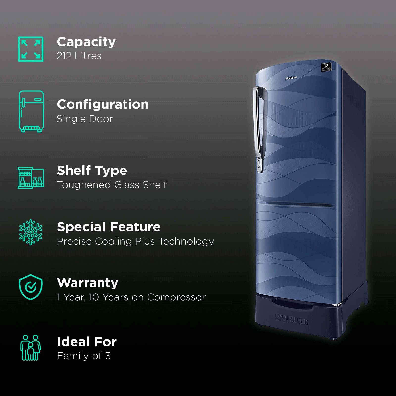 SAMSUNG Stylish Grande 212 Litres 4 Star Direct Cool Single Door Refrigerator with Base Stand Drawer (RR22T385XUV/HL, Blue)_2