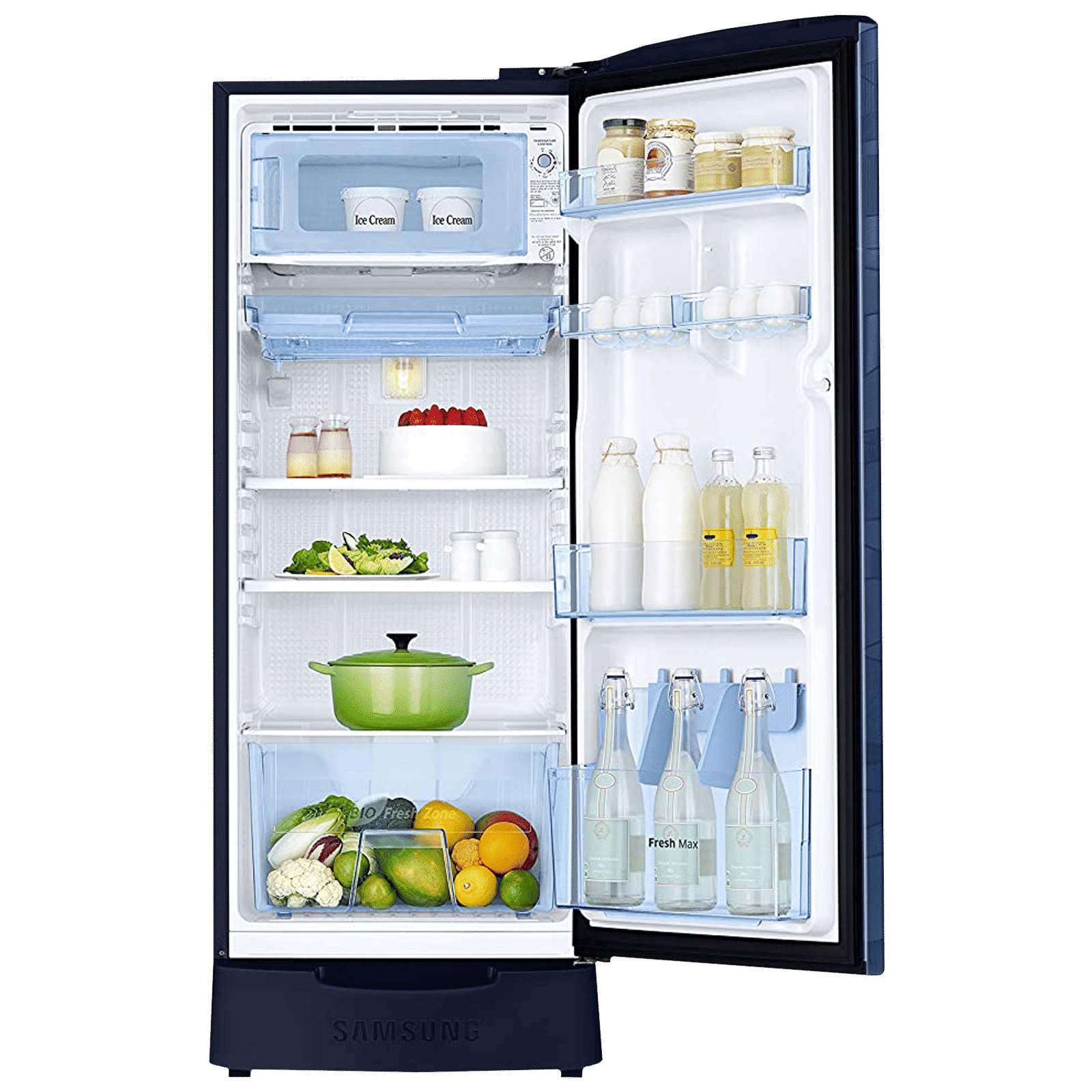 SAMSUNG Stylish Grande 212 Litres 4 Star Direct Cool Single Door Refrigerator with Base Stand Drawer (RR22T385XUV/HL, Blue)_5