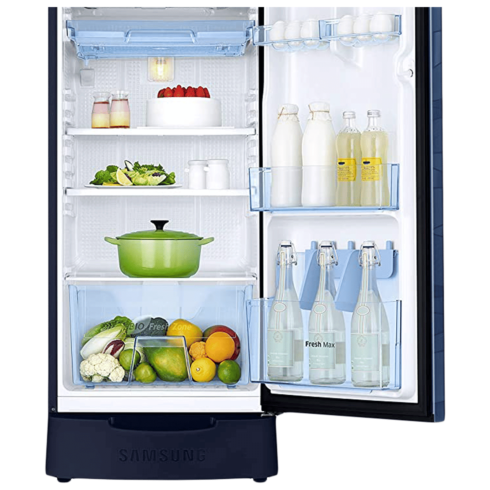 SAMSUNG Stylish Grande 212 Litres 4 Star Direct Cool Single Door Refrigerator with Base Stand Drawer (RR22T385XUV/HL, Blue)_7