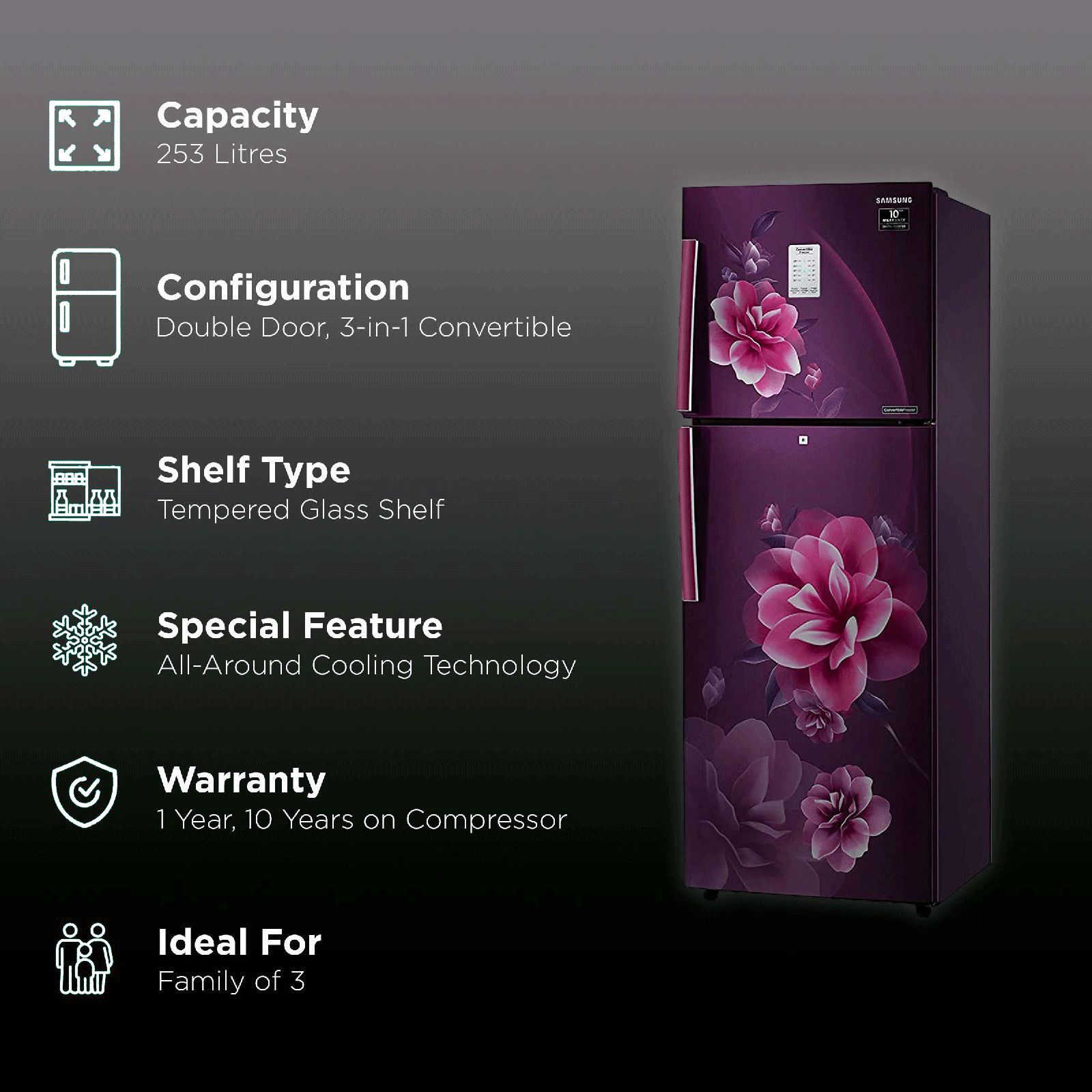 SAMSUNG 253 Litres 2 Star Frost Free Double Door Convertible Refrigerator with Stabilizer Free Operation (RT28T3932CR/HL, Camellia Purple) SAMSUNG 253 Litres 2 Star Frost Free Double Door Convertible Refrigerator with Stabilizer Free Operation (RT28T3932CR/HL, Camellia Purple)_2