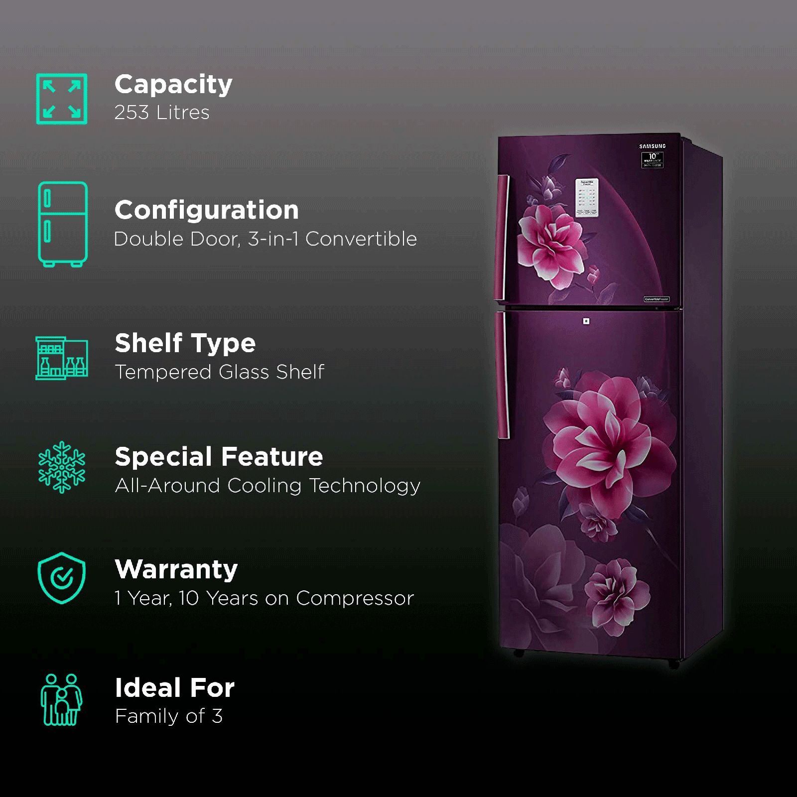 SAMSUNG 253 Litres 2 Star Frost Free Double Door Convertible Refrigerator with Stabilizer Free Operation (RT28T3932CR/HL, Camellia Purple)_2