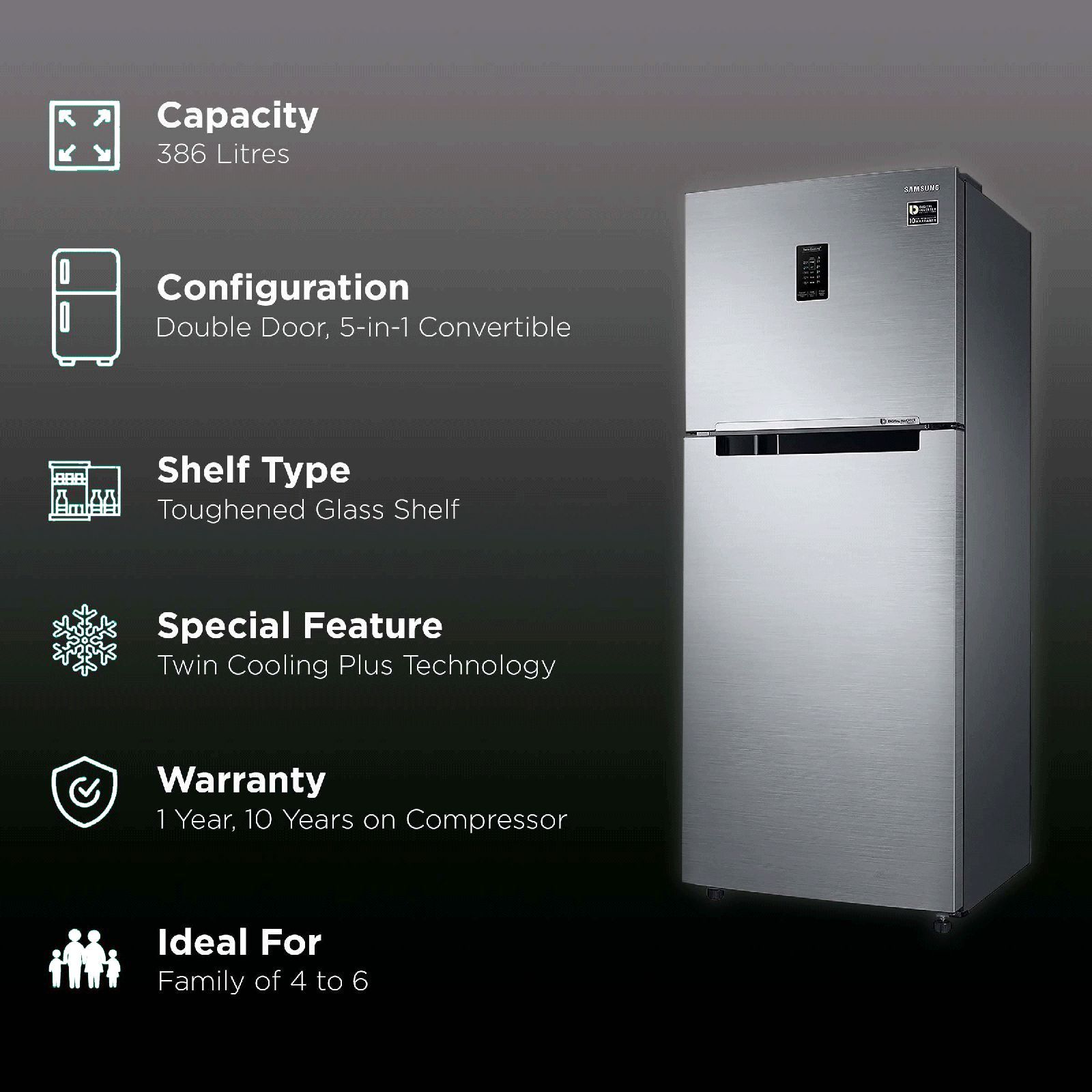 SAMSUNG 386 Litres 2 Star Frost Free Double Door Convertible Refrigerator with Curd Maestro (RT39T5C38S9/TL, Refined Inox)_2