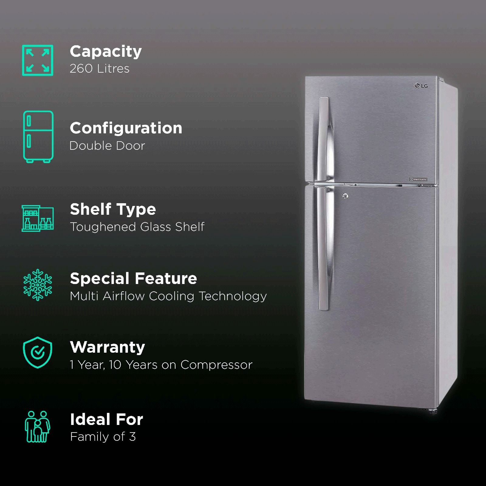 LG 242 Litres 2 Star Frost Free Double Door Refrigerator with Multi Air Flow System (GL-N292RDSY, Dazzle Steel)_2