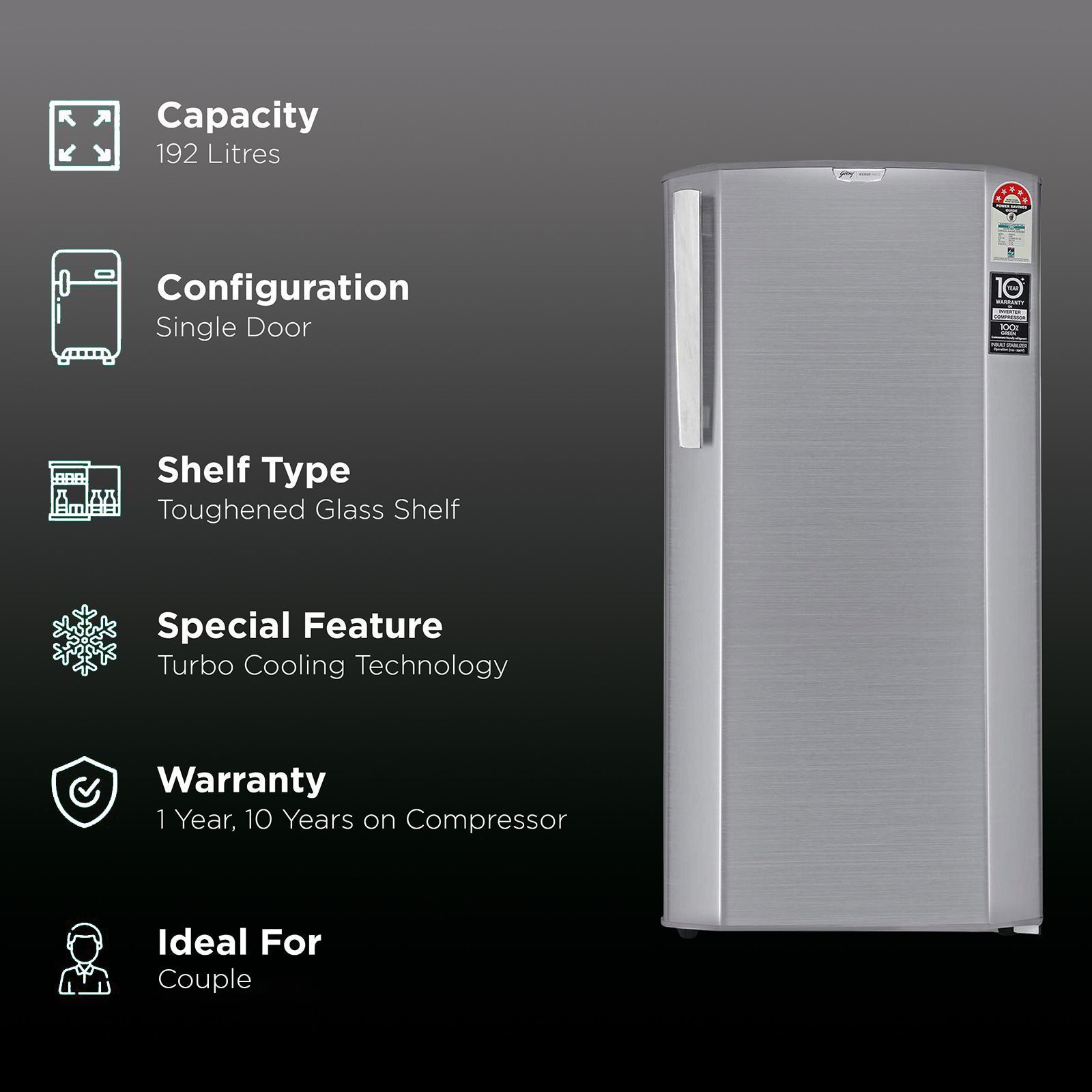 Godrej Edge Neo 180 Litres 5 Star Direct Cool Single Door Refrigerator with Turbo Cooling Technology (RD EDGE NEO 207E 53 THI, Jet Steel)_2