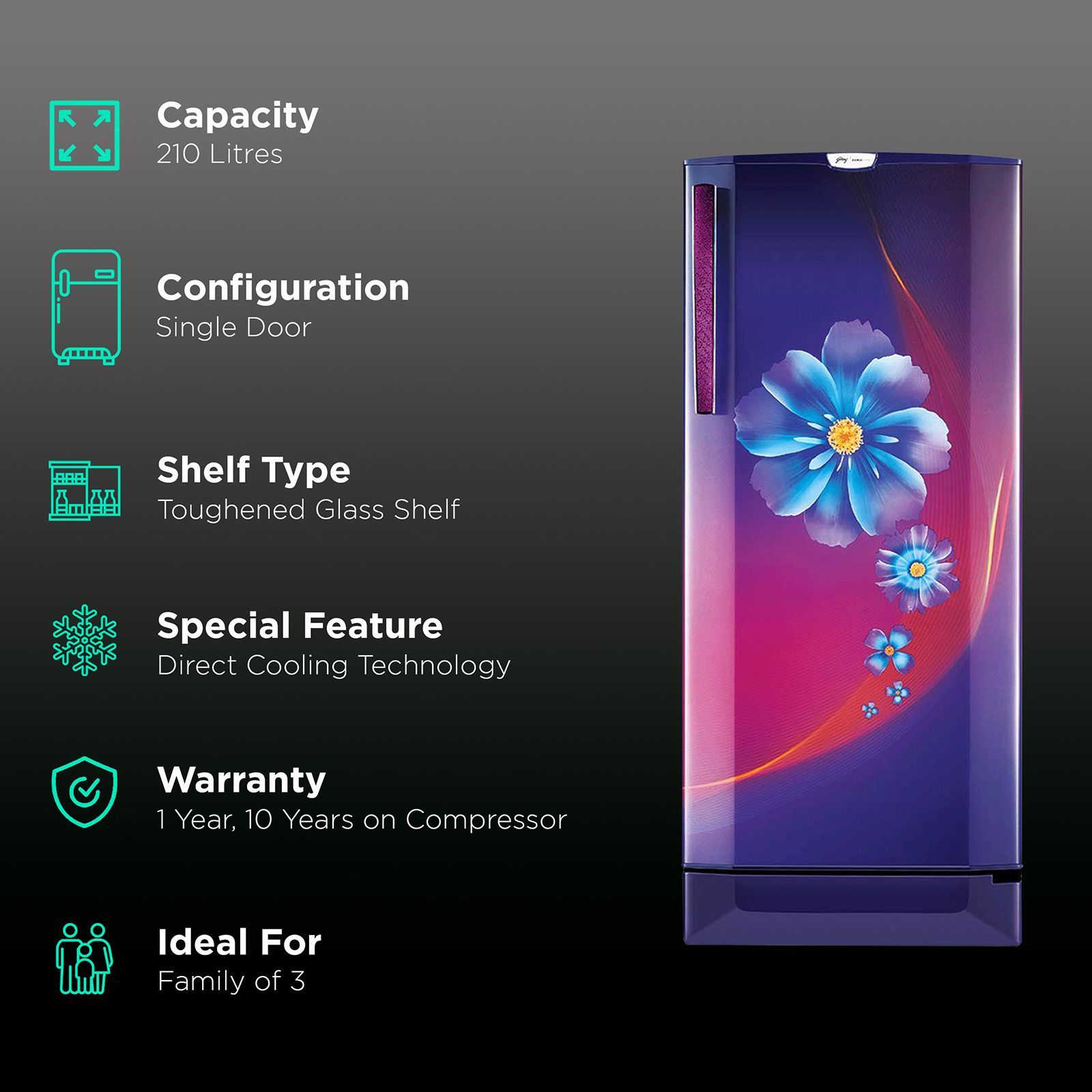 Godrej Edge Pro 210 Litres 4 Star Direct Cool Single Door Refrigerator with Anti Drip Chiller Technology (RD EDGE PRO 225D 43 TDI, Ray Purple)_2