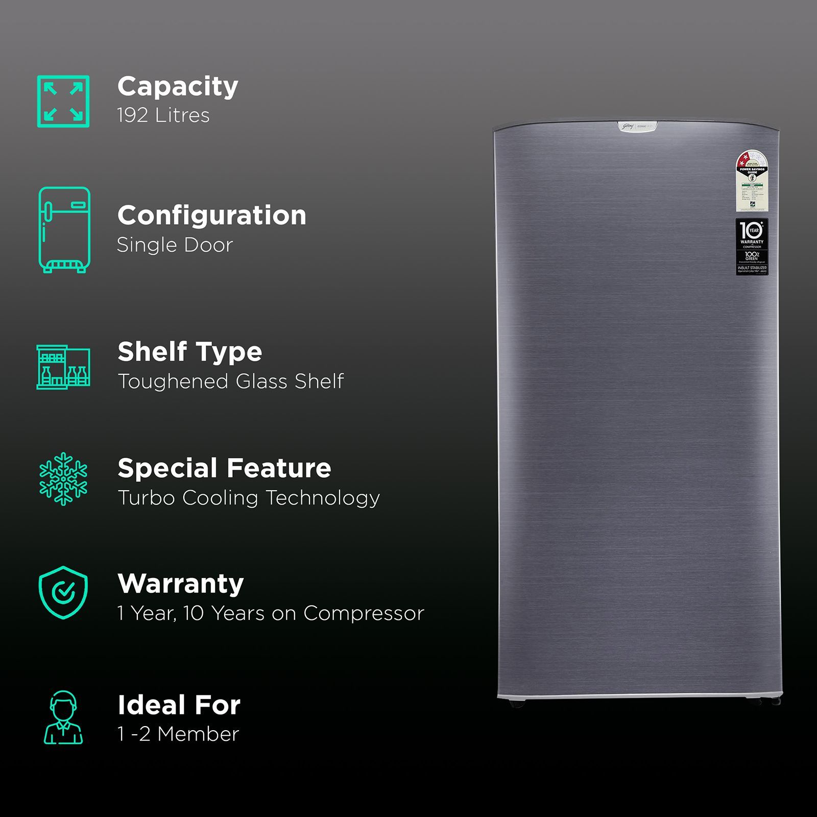 Godrej Edge Rio 192 Litres 2 Star Direct Cool Single Door Refrigerator with Turbo Cooling Technology (RD EDGE RIO 207B 23 TRF, Jet Steel)_2