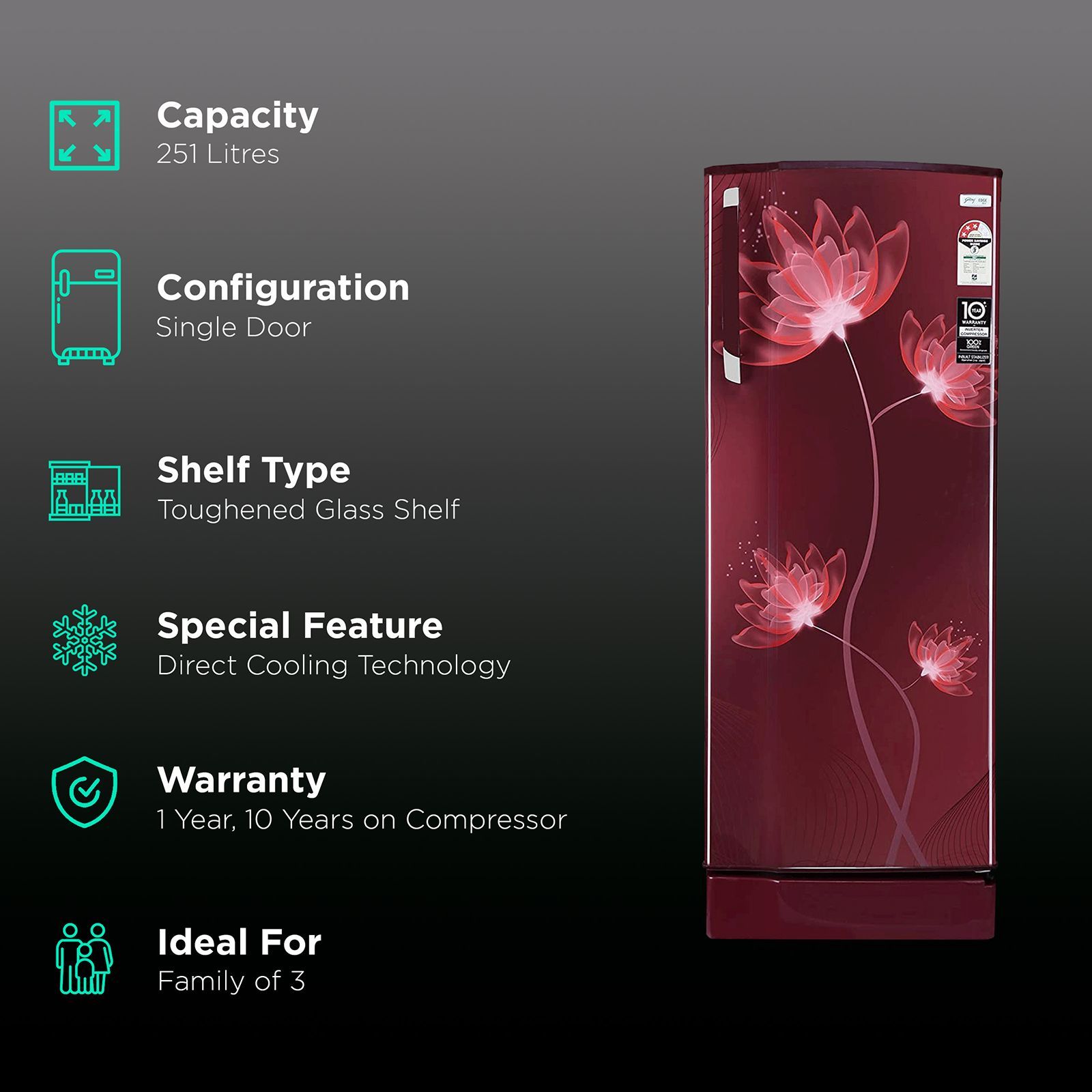 Godrej Edge SX 251 Litres 3 Star Direct Cool Single Door Refrigerator with Uniform Cooling Technology (RD EDGE SX 266C 33 TAI, Glass Wine)_2