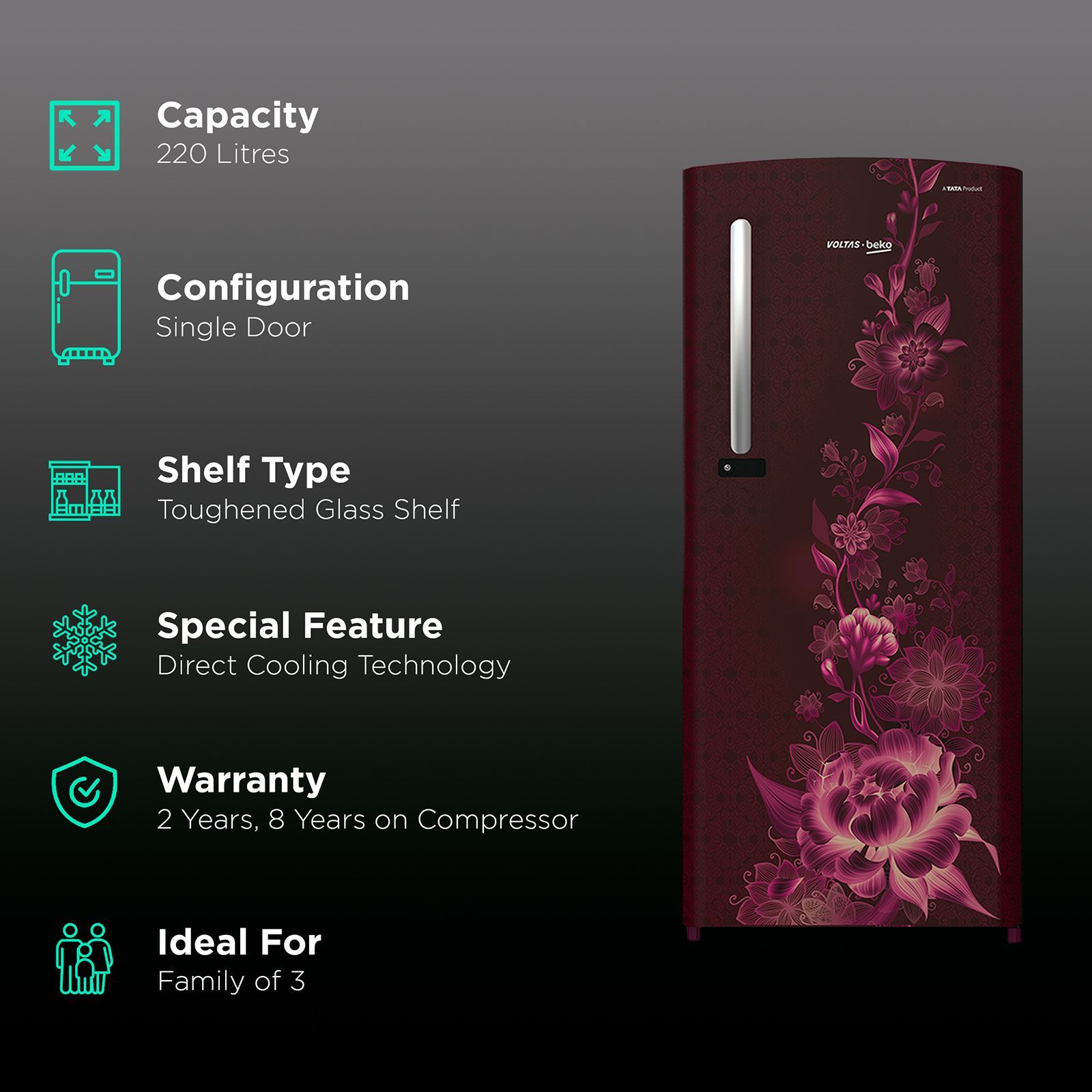 VOLTAS beko 220 Litres 3 Star Direct Cool Single Door Refrigerator with Stabilizer Free Operation (RDC240CVWEX/XXSG, Vivi Wine) VOLTAS beko 220 Litres 3 Star Direct Cool Single Door Refrigerator with Stabilizer Free Operation (RDC240CVWEX/XXSG, Vivi Wine)_2
