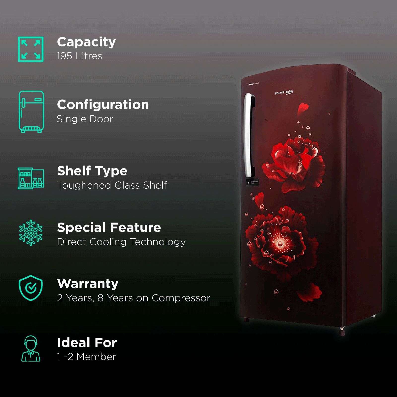 VOLTAS beko 195 Litres 3 Star Direct Cool Single Door Refrigerator with Stabilizer Free Operation (RDC215CFWEX/XXSG, Fairy Flower Wine) VOLTAS beko 195 Litres 3 Star Direct Cool Single Door Refrigerator with Stabilizer Free Operation (RDC215CFWEX/XXSG, Fairy Flower Wine)_2