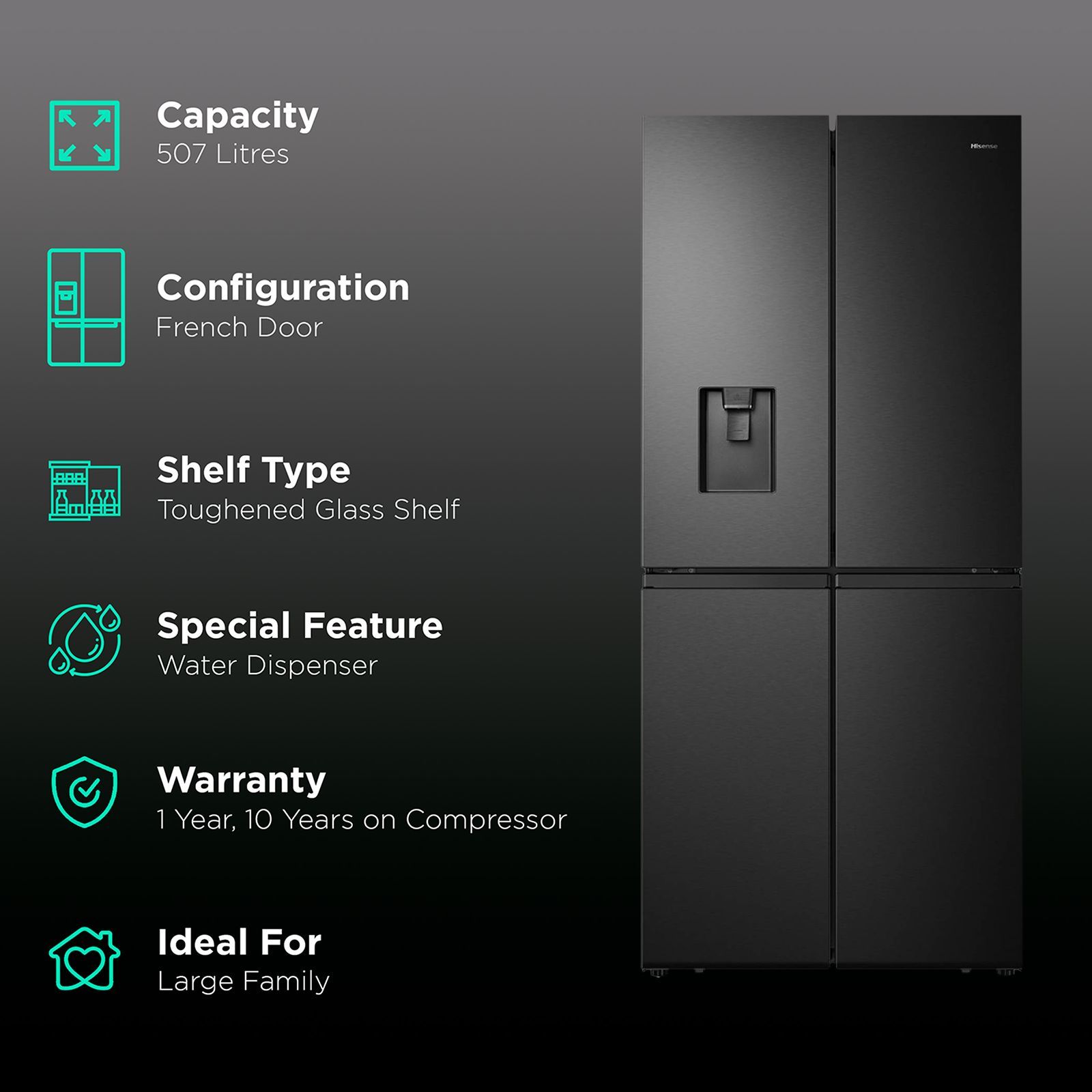 Hisense 507 Litres Frost Free French Door Refrigerator with Water Dispenser (RQ507N4SBVW, Premium Black)_2